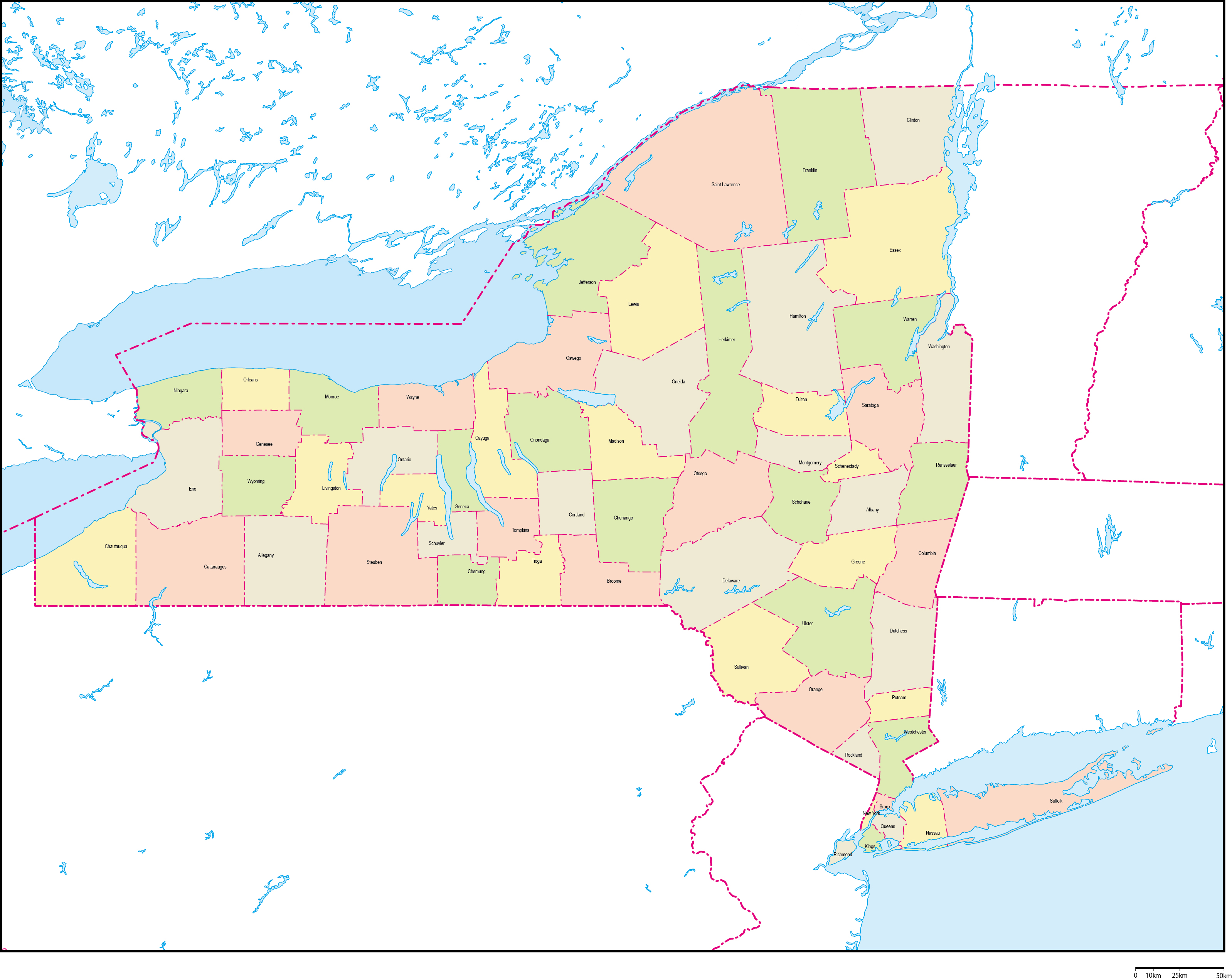 ニューヨーク州郡色分け地図郡名あり(英語)フリーデータの画像