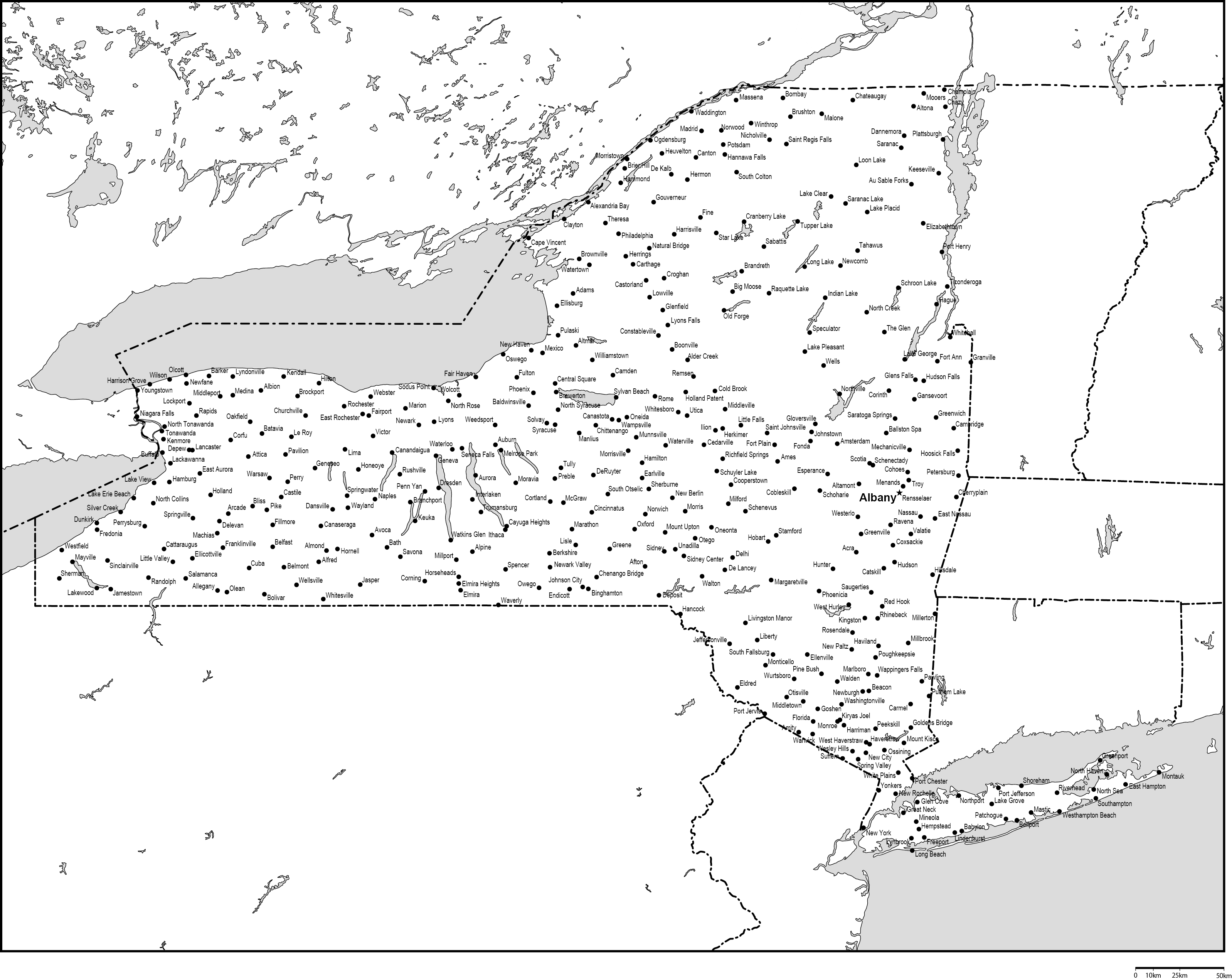 ニューヨーク州白地図州都・主な都市あり(英語)フリーデータの画像