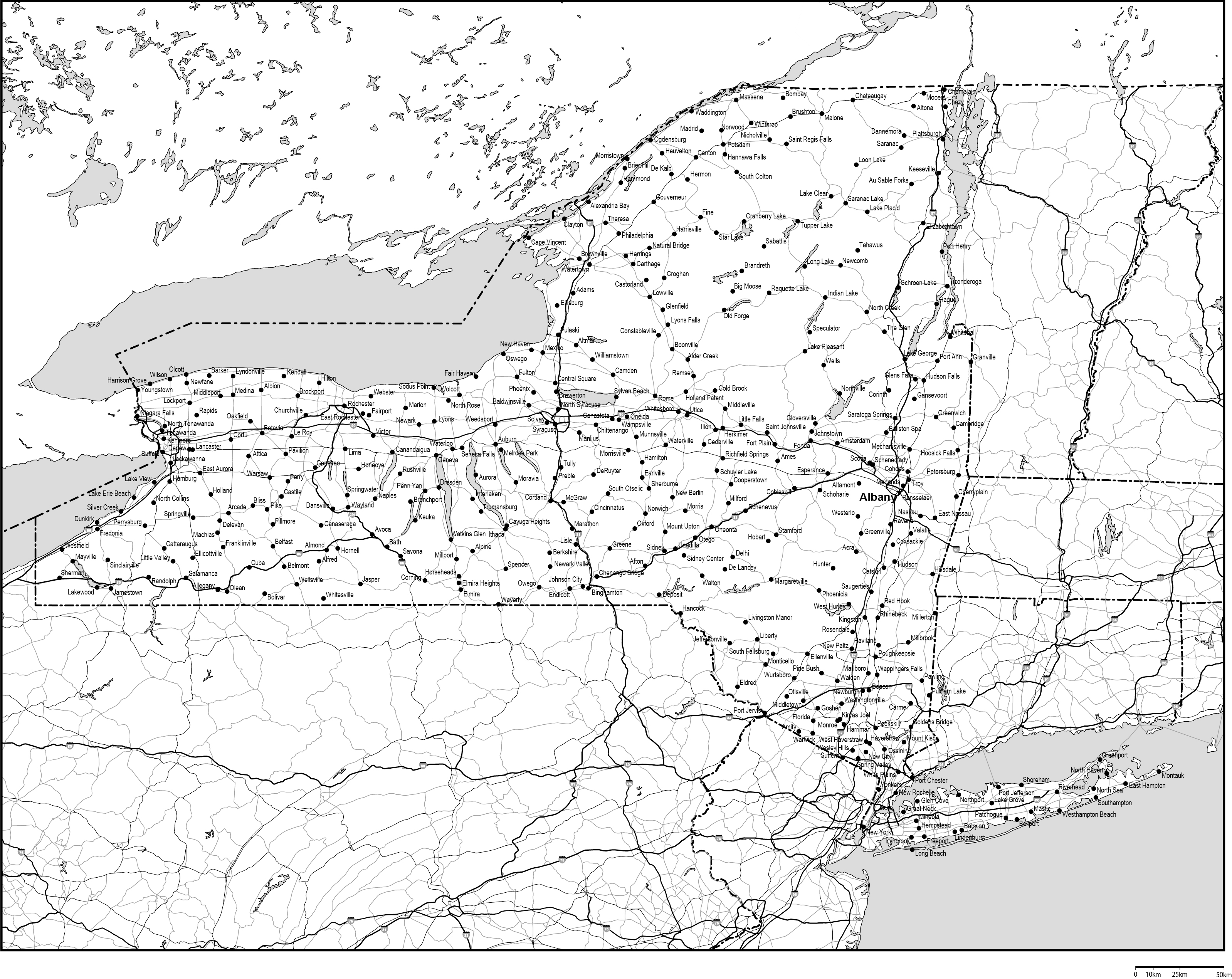 ニューヨーク州白地図州都・主な都市・道路あり(英語)フリーデータの画像