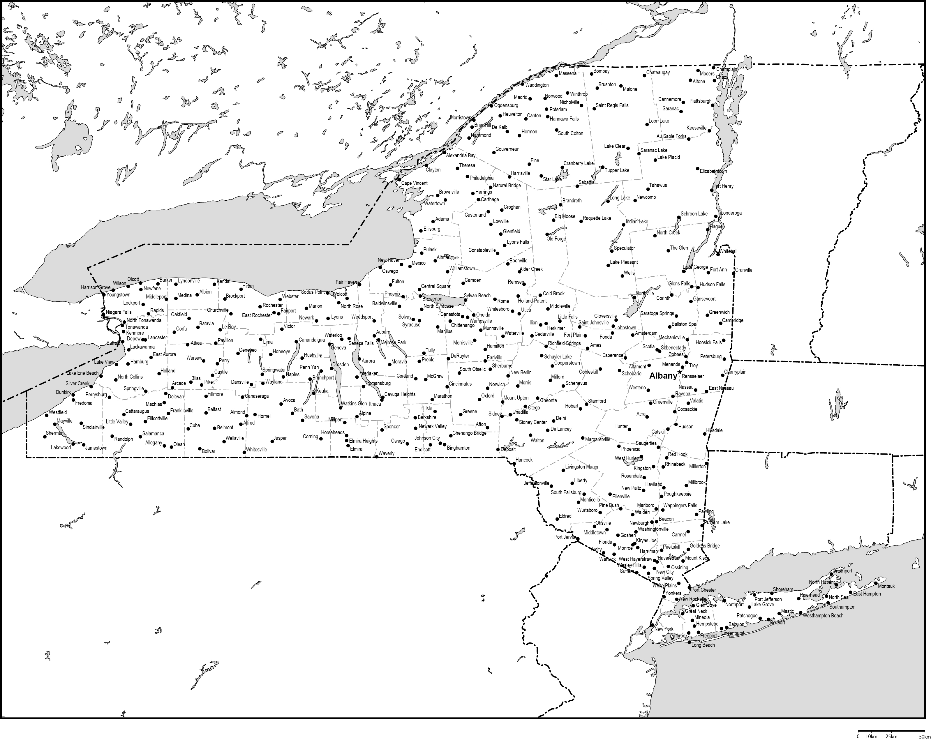 ニューヨーク州郡分け白地図州都・主な都市あり(英語)フリーデータの画像