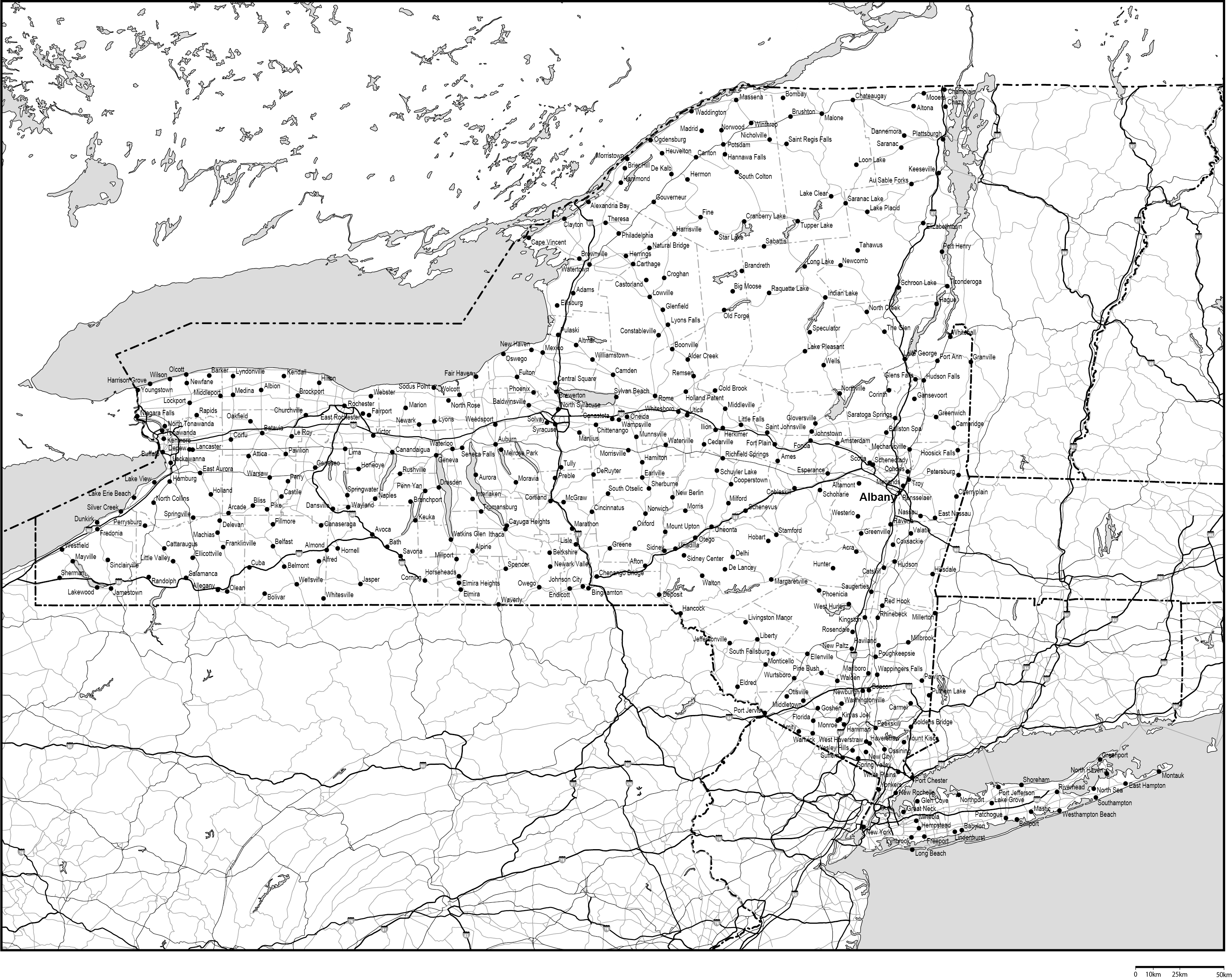 ニューヨーク州郡分け白地図州都・主な都市・道路あり(英語)フリーデータの画像