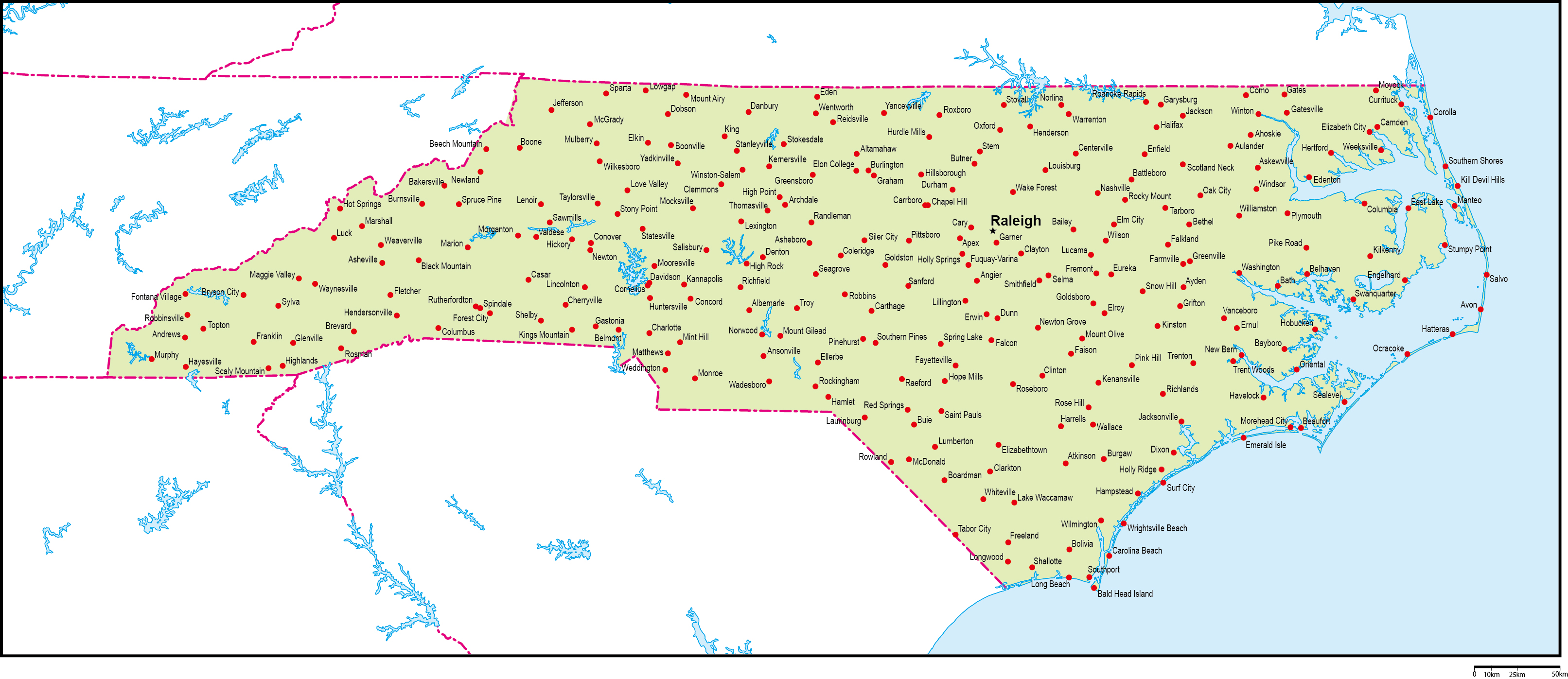 ノースカロライナ州地図州都・主な都市あり(英語)フリーデータの画像