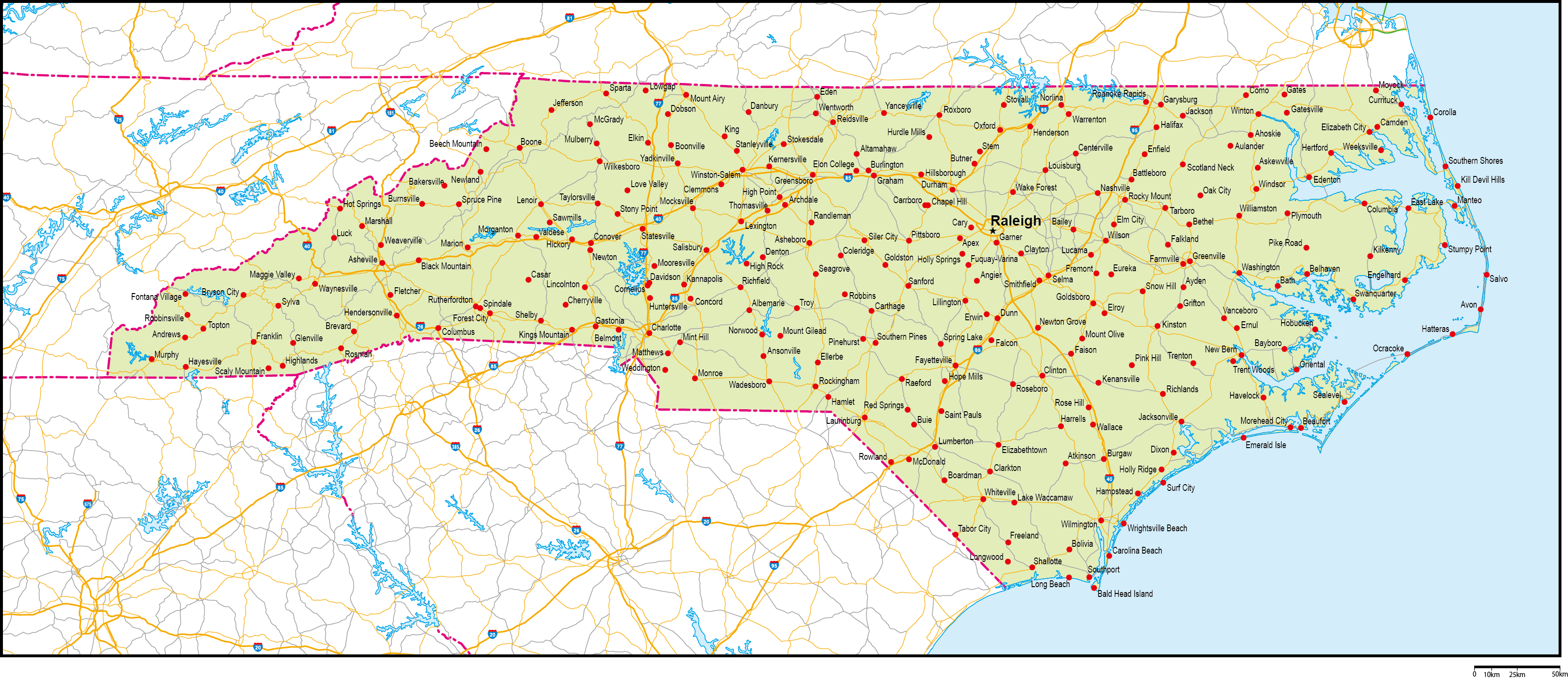 ノースカロライナ州地図州都・主な都市・道路あり(英語)フリーデータの画像