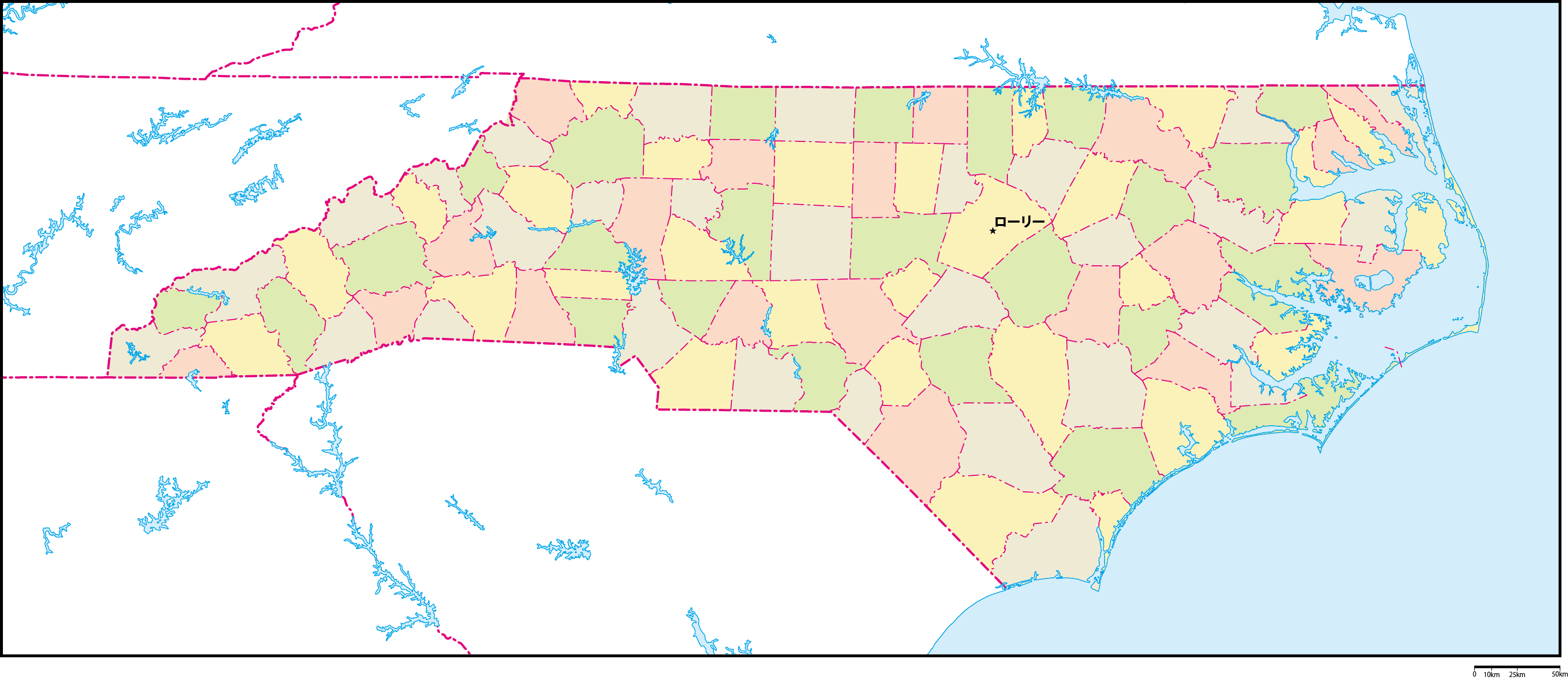 ノースカロライナ州郡色分け地図州都あり(日本語)フリーデータの画像
