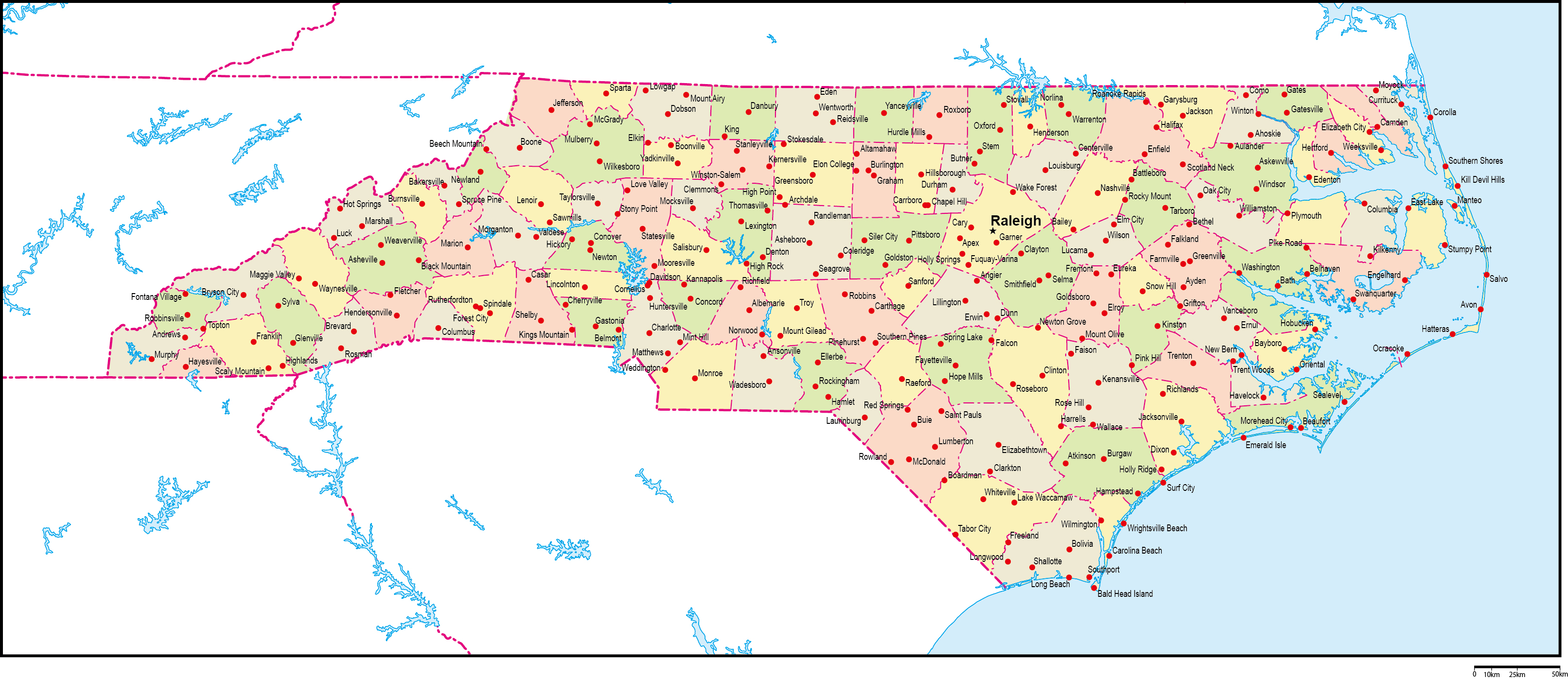 ノースカロライナ州郡色分け地図州都・主な都市あり(英語)フリーデータの画像