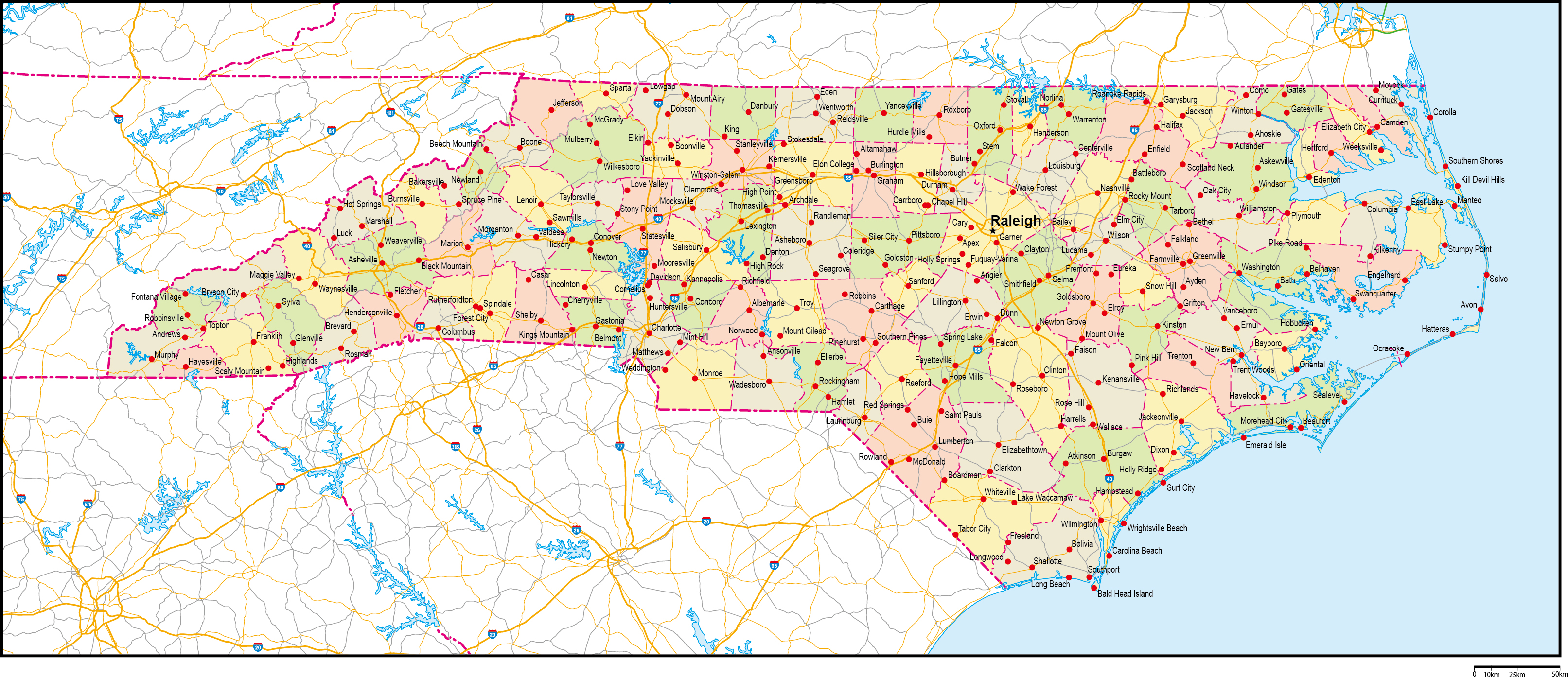 ノースカロライナ州郡色分け地図州都・主な都市・道路あり(英語)フリーデータの画像