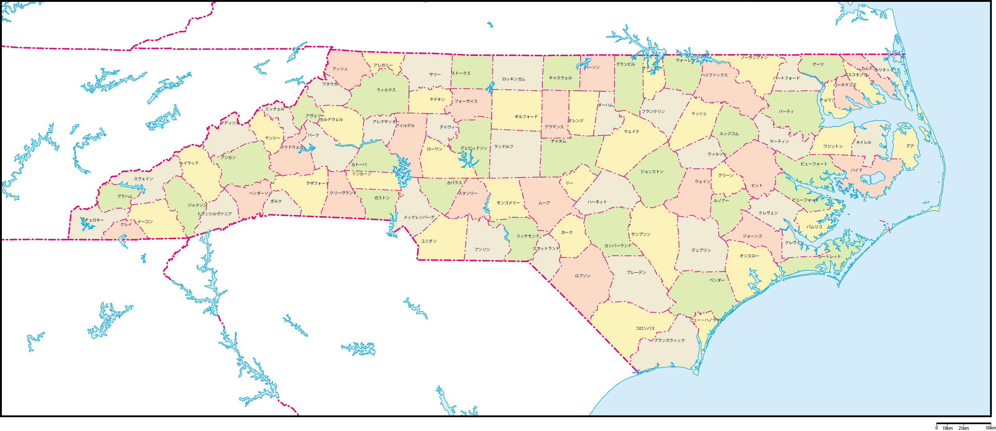 ノースカロライナ州郡色分け地図郡名あり(日本語)フリーデータの画像