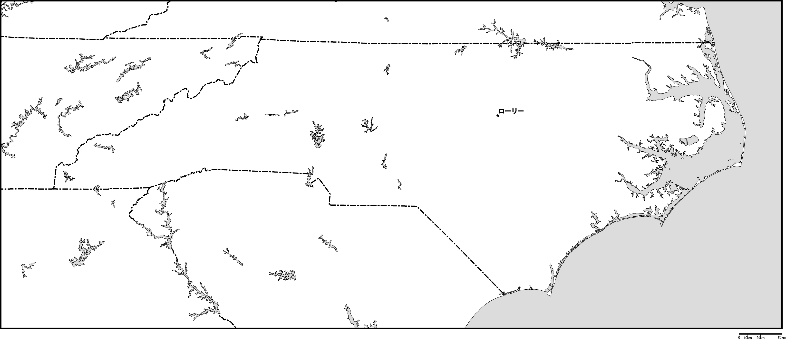 ノースカロライナ州白地図州都あり(日本語)フリーデータの画像
