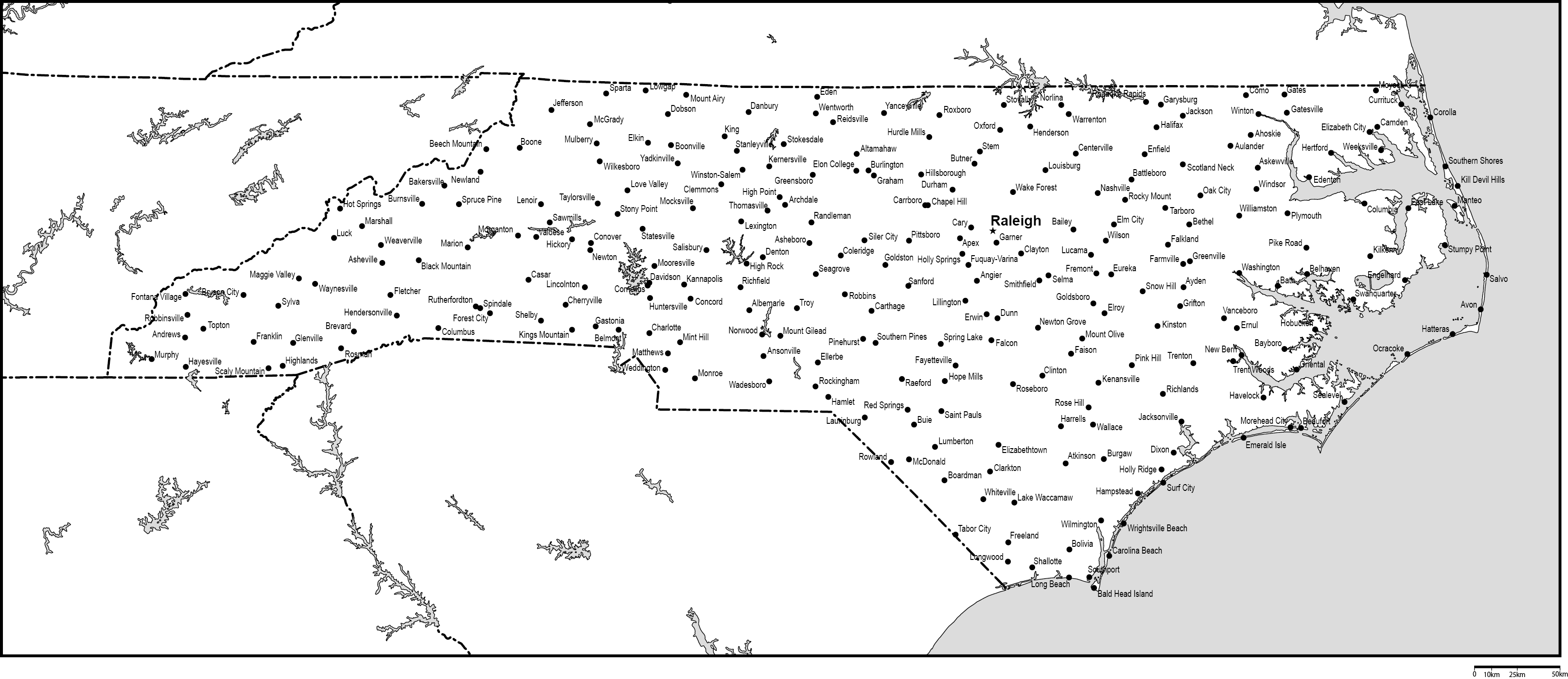 ノースカロライナ州白地図州都・主な都市あり(英語)フリーデータの画像