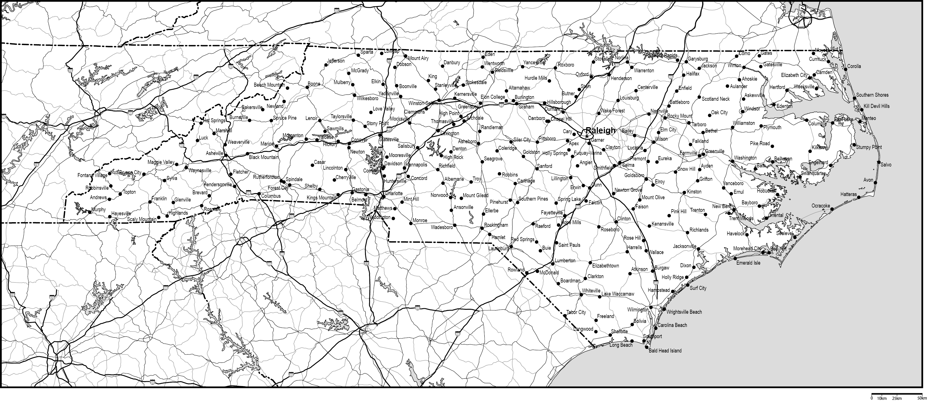 ノースカロライナ州白地図州都・主な都市・道路あり(英語)フリーデータの画像