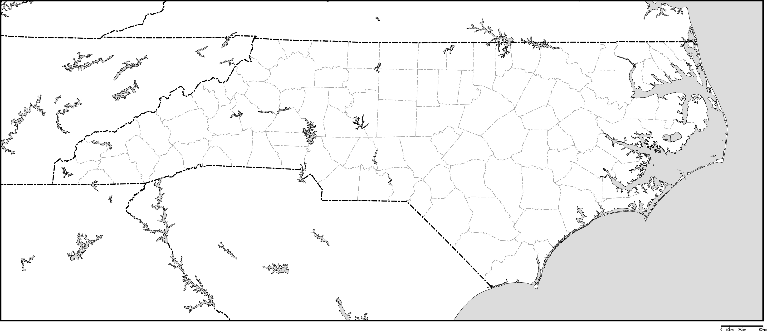 ノースカロライナ州郡分け白地図フリーデータの画像
