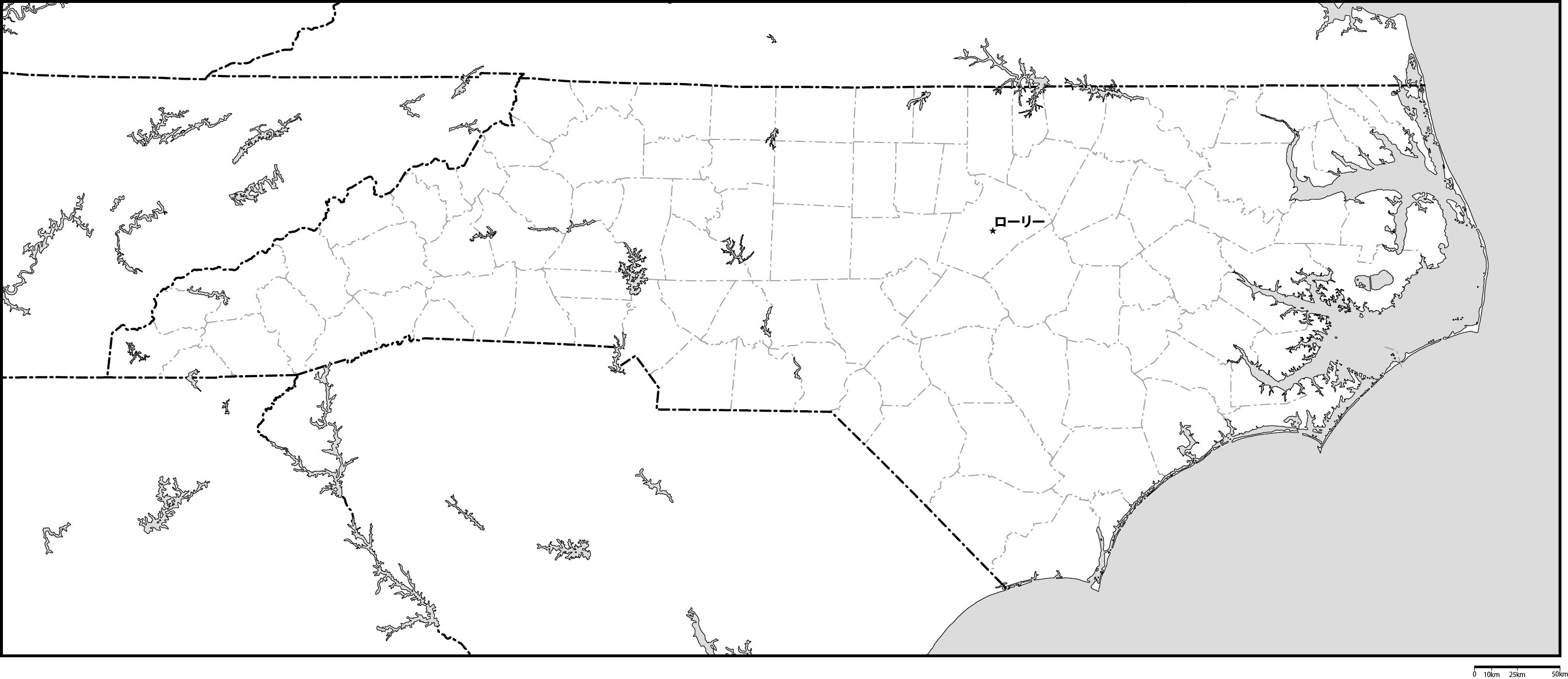 ノースカロライナ州郡分け白地図州都あり(日本語)フリーデータの画像