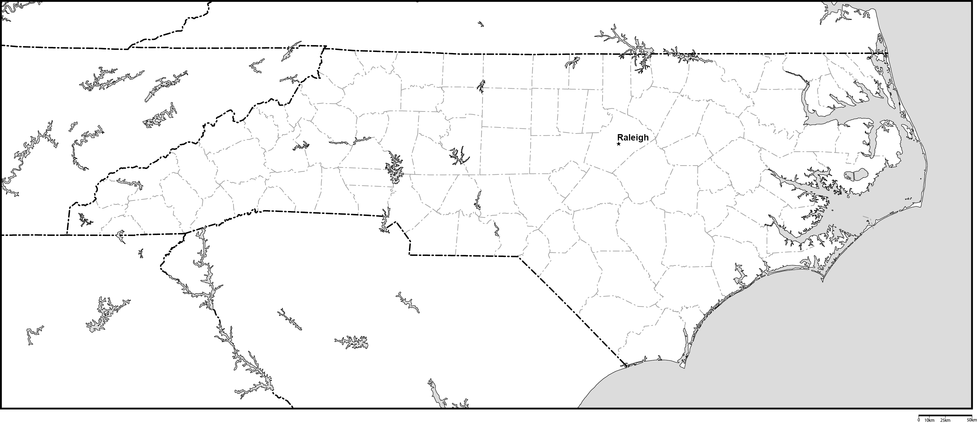 ノースカロライナ州郡分け白地図州都あり(英語)フリーデータの画像