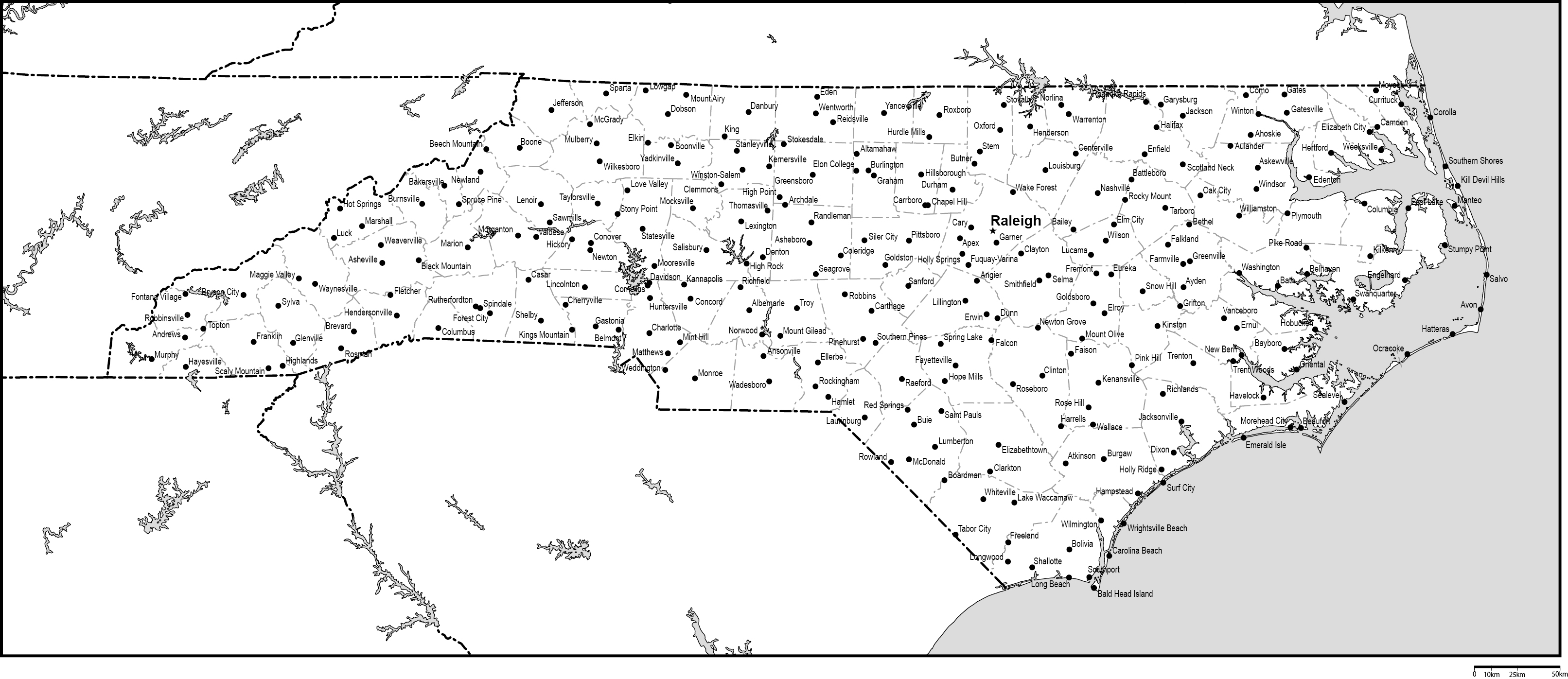 ノースカロライナ州郡分け白地図州都・主な都市あり(英語)フリーデータの画像