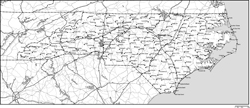 ノースカロライナ州郡分け白地図州都・主な都市・道路あり(英語)