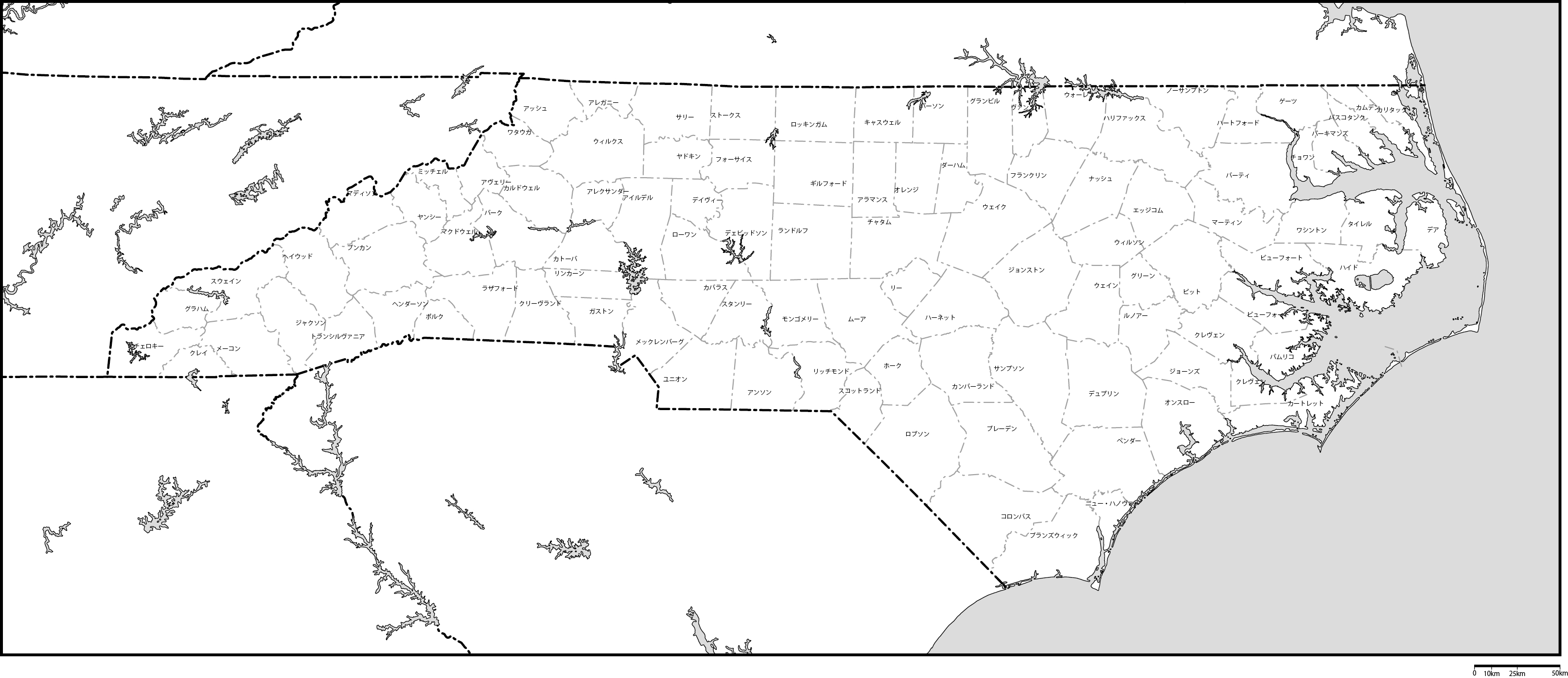 ノースカロライナ州郡分け地図郡名あり(日本語)フリーデータの画像