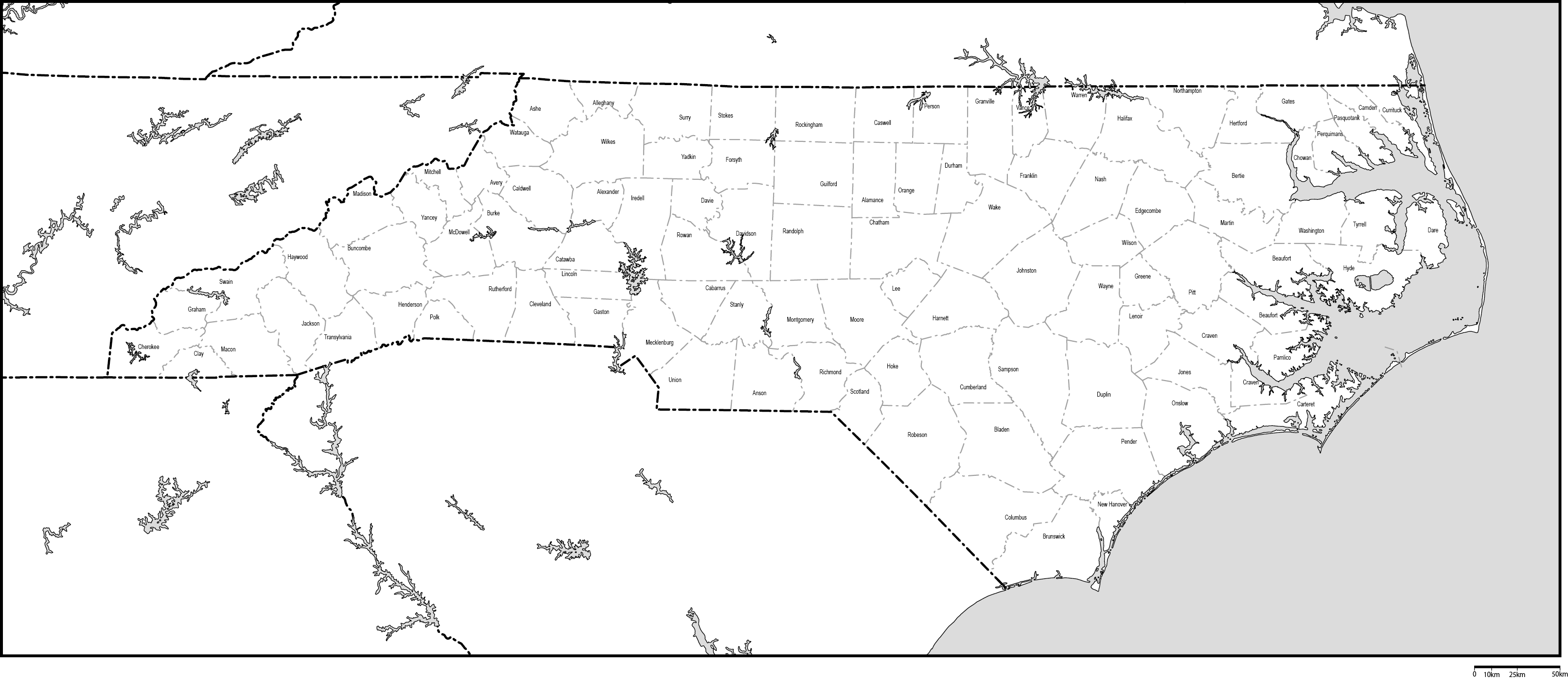 ノースカロライナ州郡分け白地図郡名あり(英語)フリーデータの画像