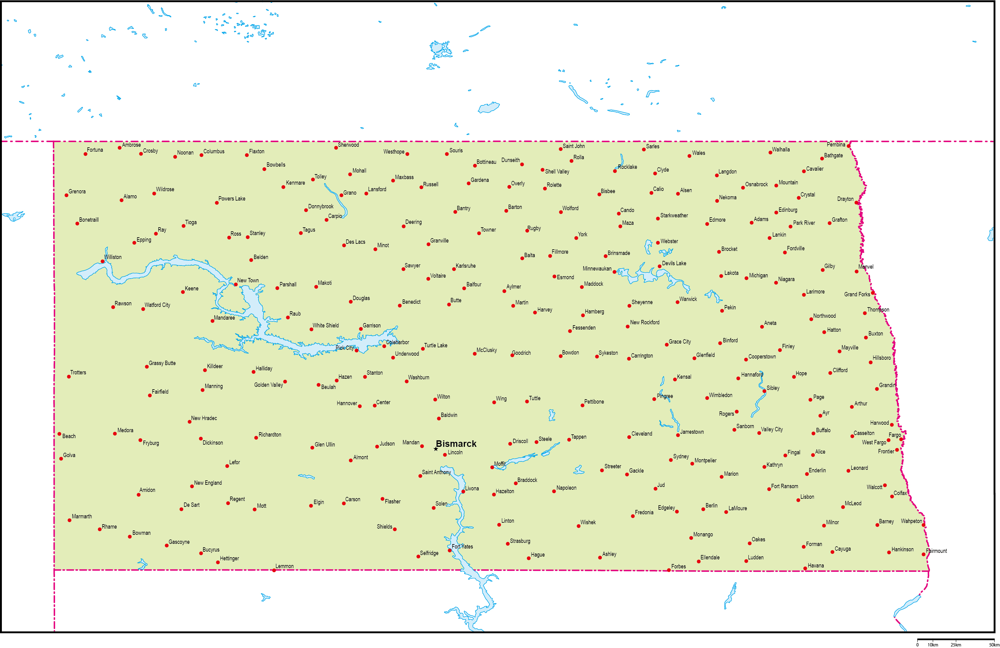 ノースダコタ州地図州都・主な都市あり(英語)フリーデータの画像