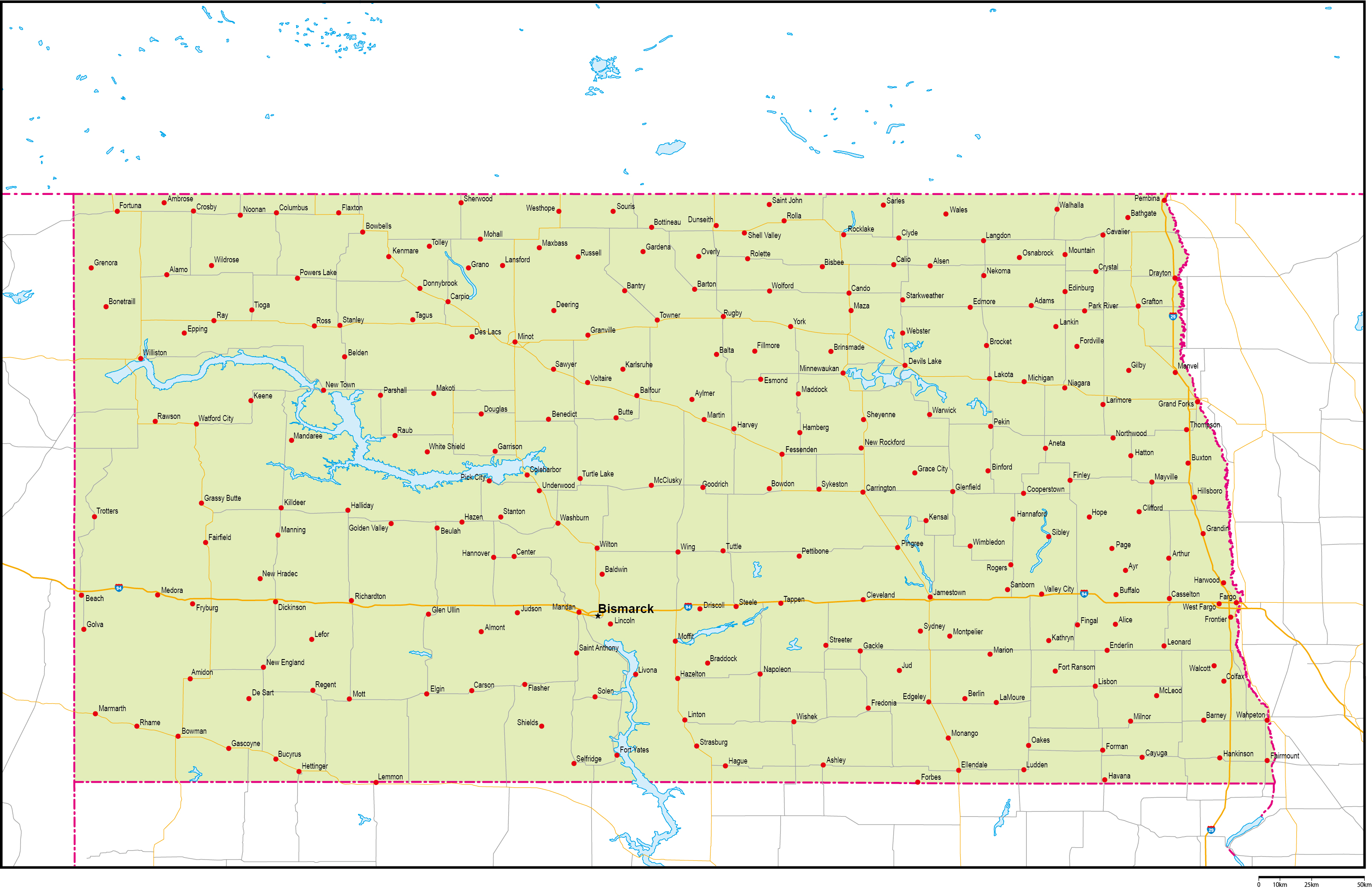 ノースダコタ州地図州都・主な都市・道路あり(英語)フリーデータの画像