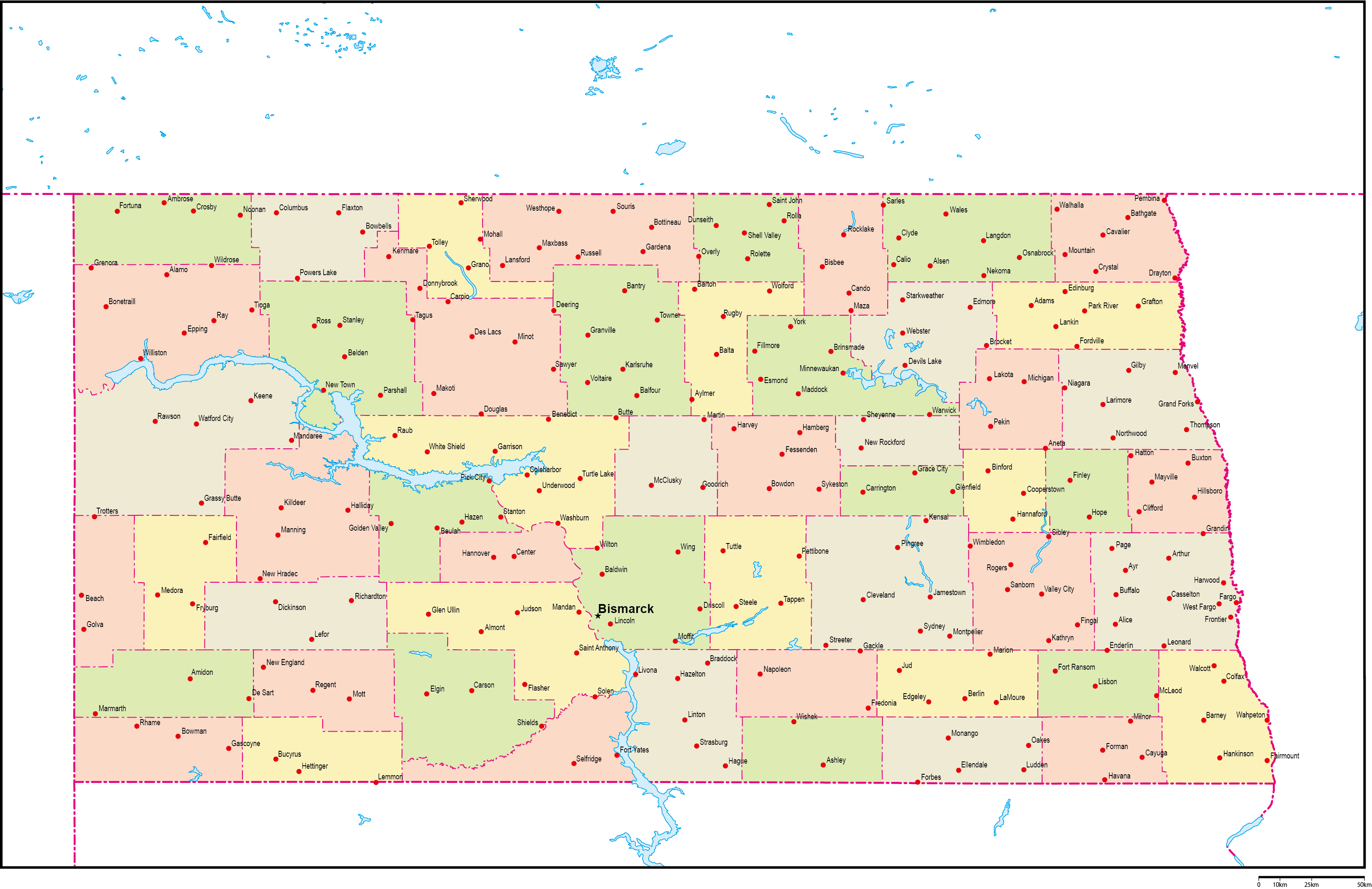 ノースダコタ州郡色分け地図州都・主な都市あり(英語)フリーデータの画像