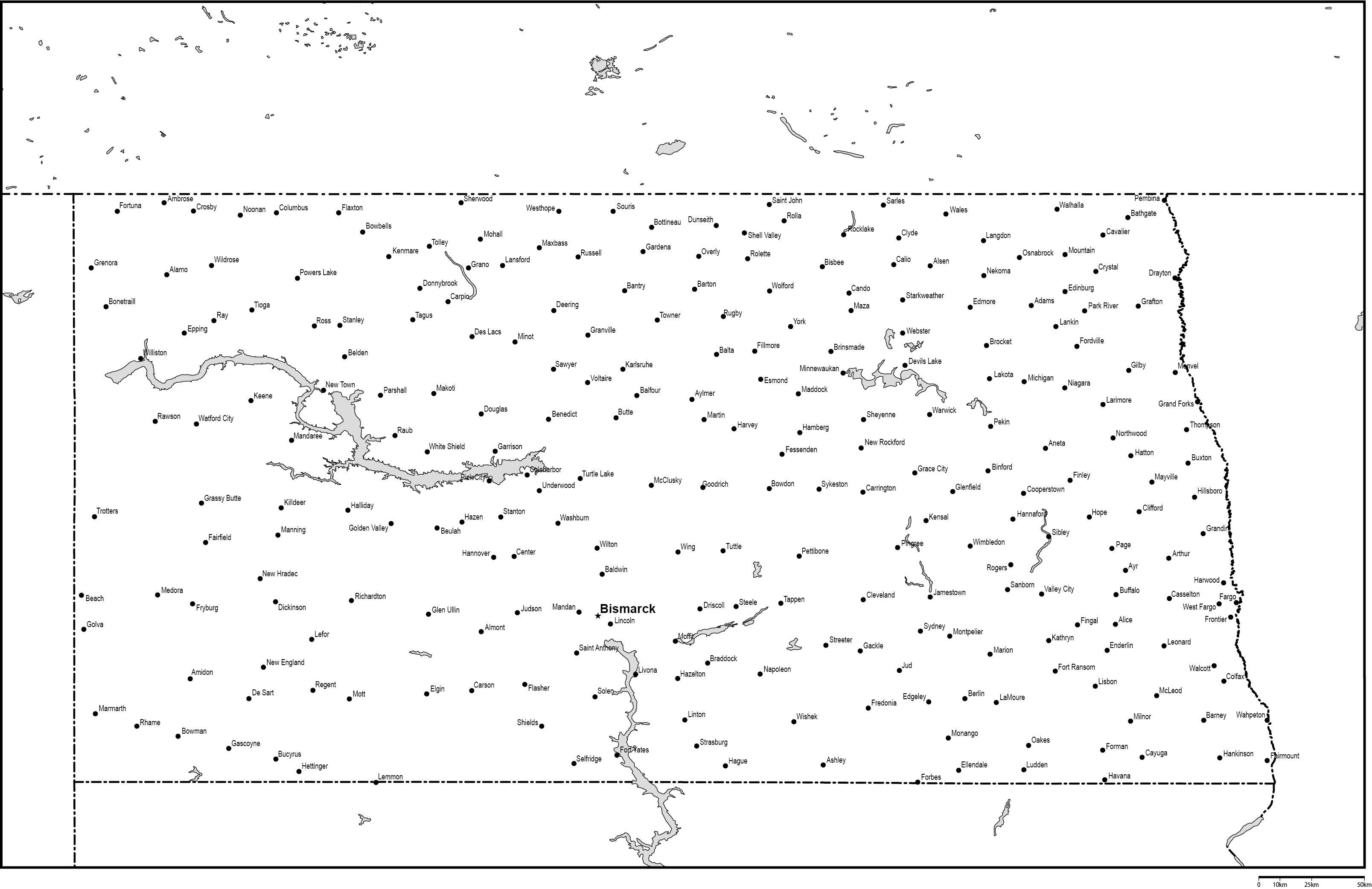 ノースダコタ州白地図州都・主な都市あり(英語)フリーデータの画像