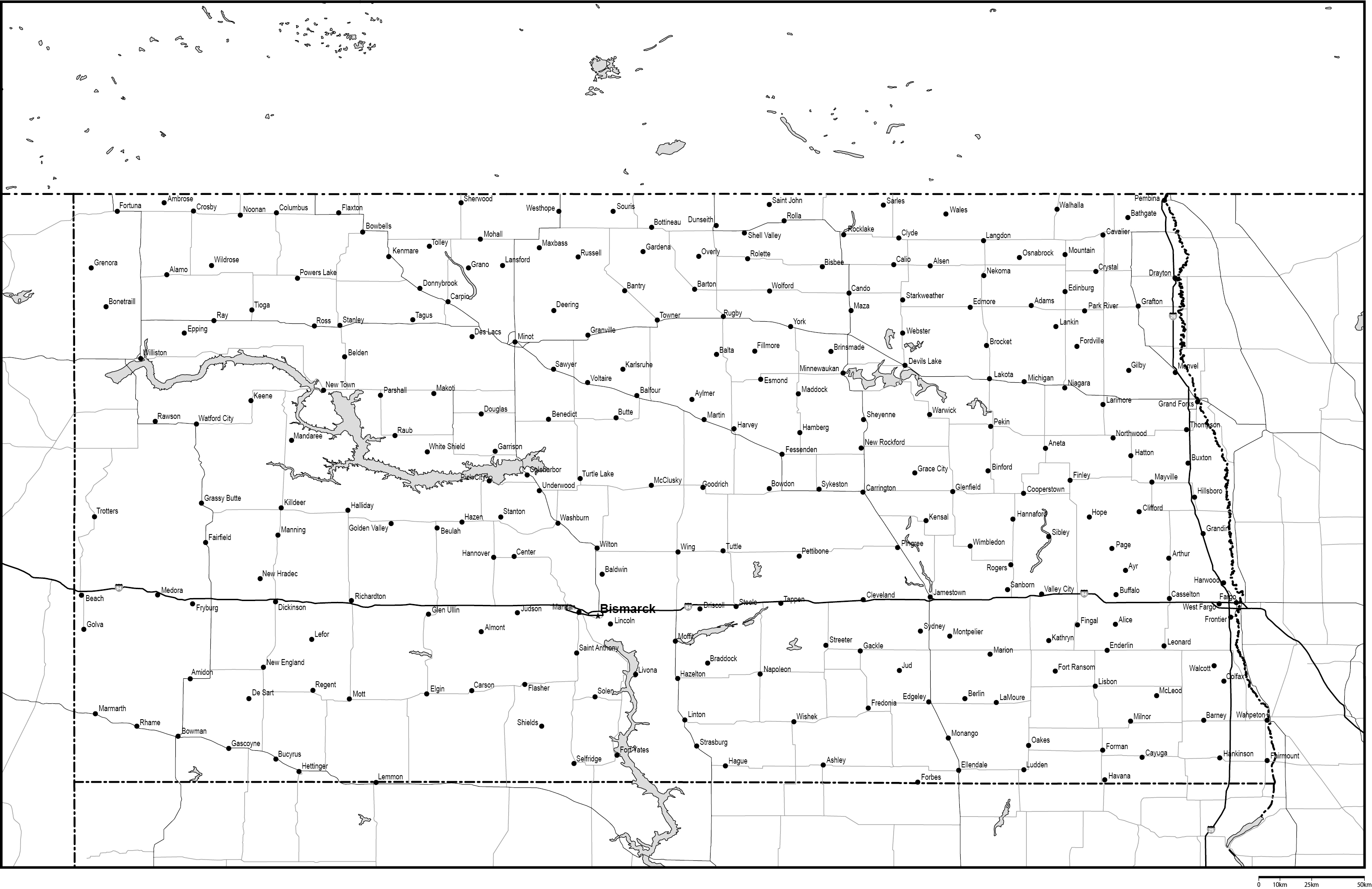 ノースダコタ州白地図州都・主な都市・道路あり(英語)フリーデータの画像