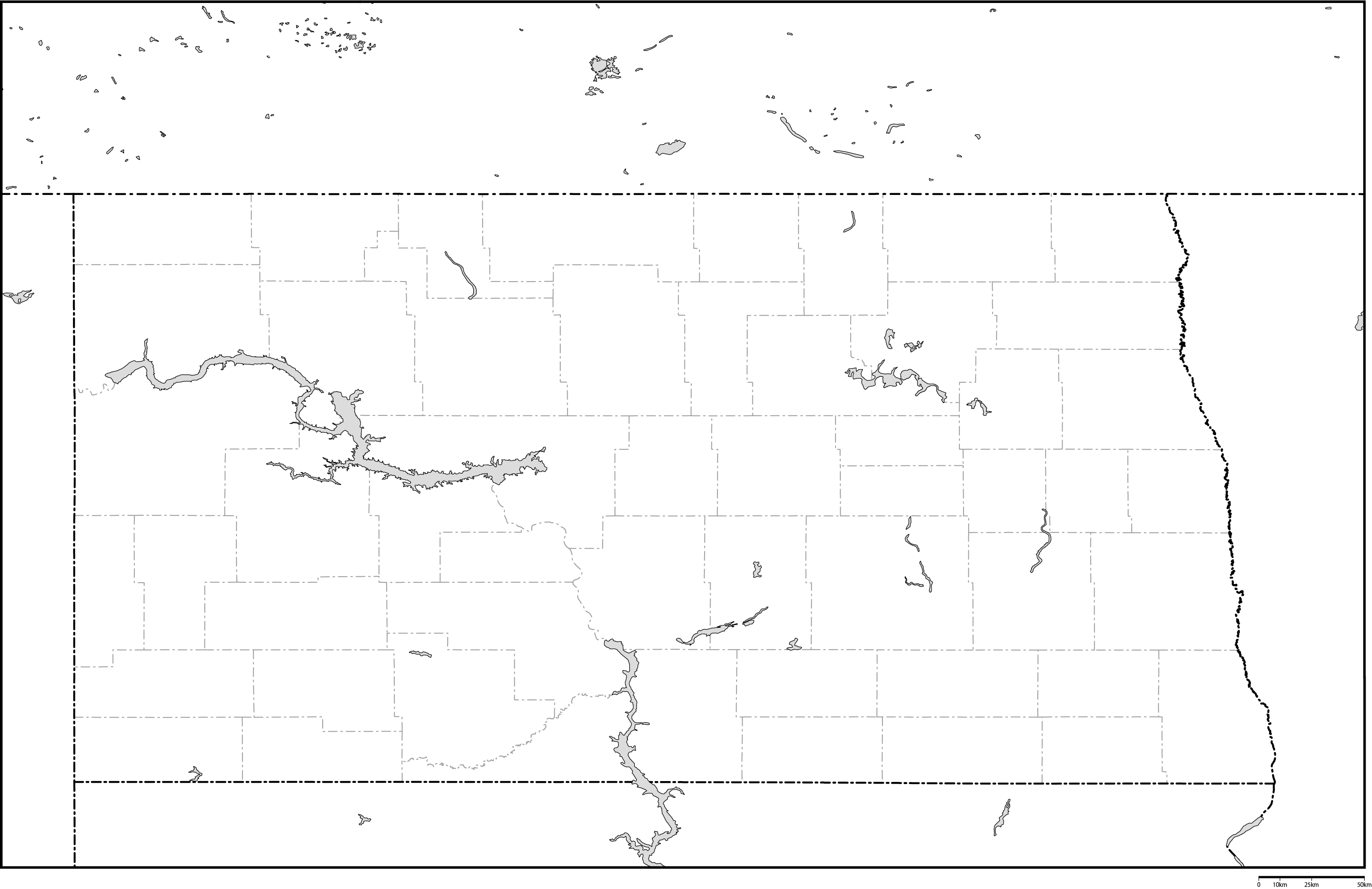 ノースダコタ州郡分け白地図フリーデータの画像