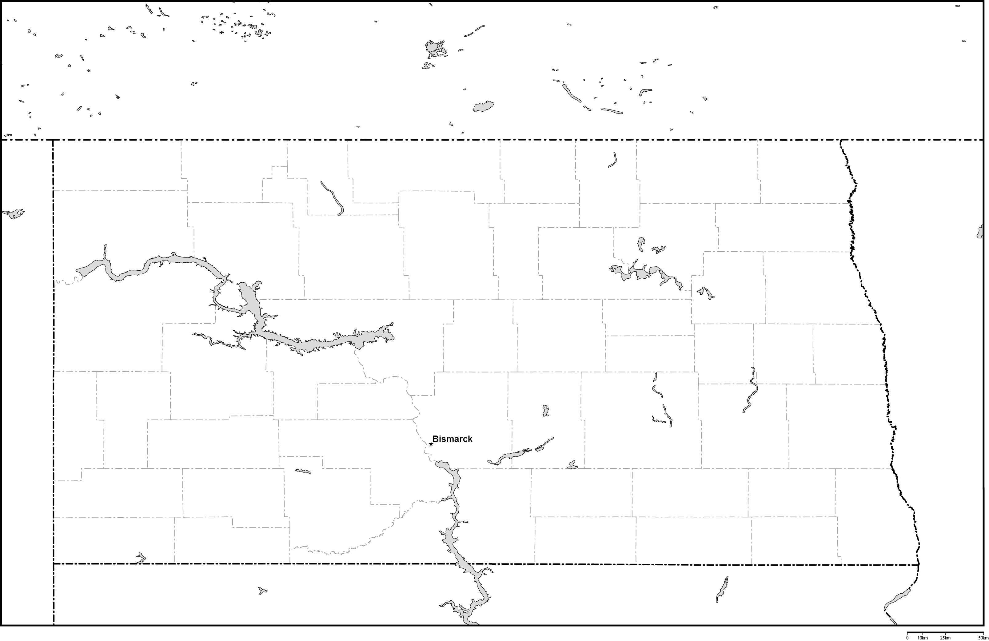 ノースダコタ州郡分け白地図州都あり(英語)フリーデータの画像