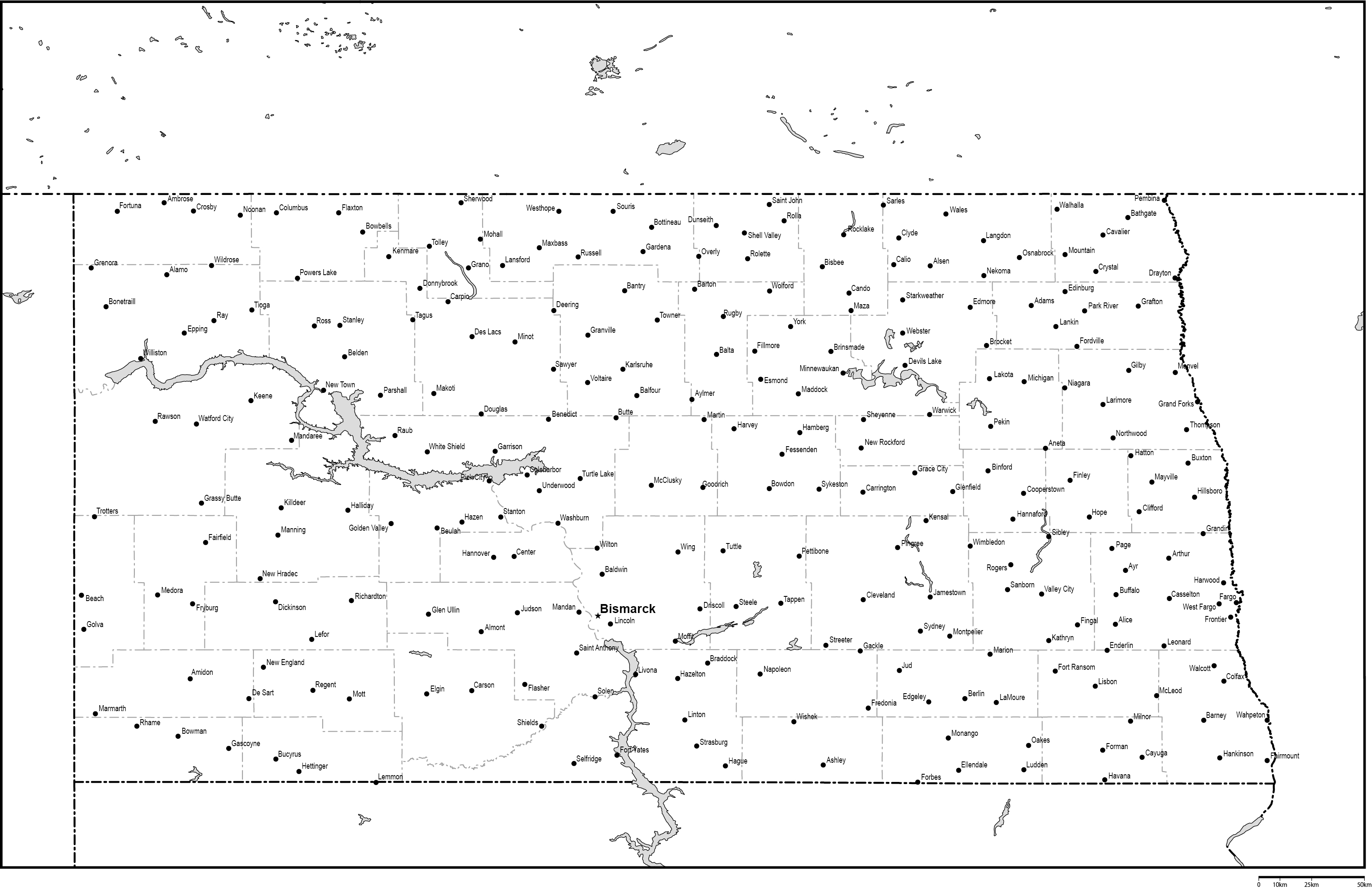 ノースダコタ州郡分け白地図州都・主な都市あり(英語)フリーデータの画像