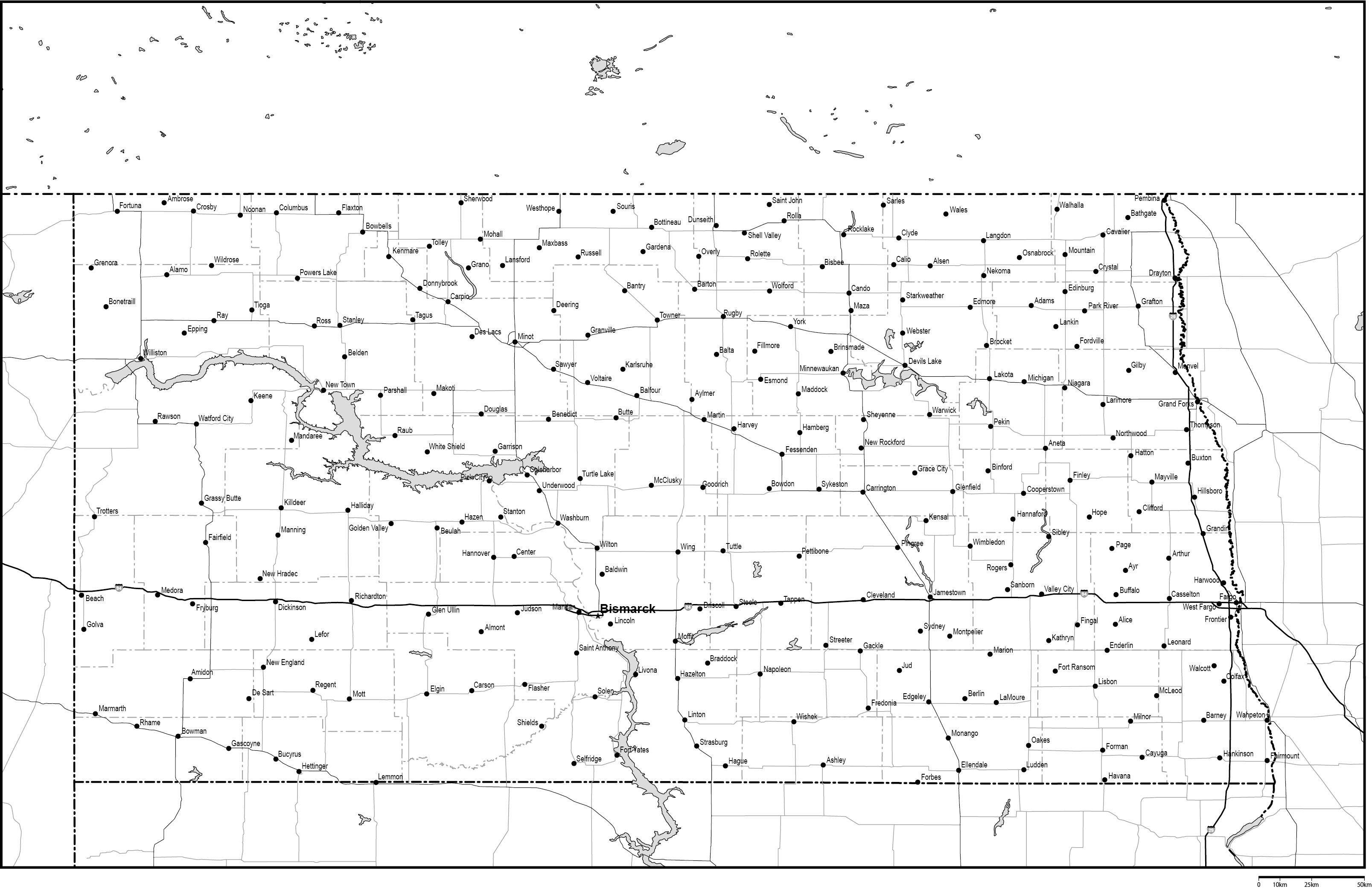 ノースダコタ州郡分け白地図州都・主な都市・道路あり(英語)フリーデータの画像