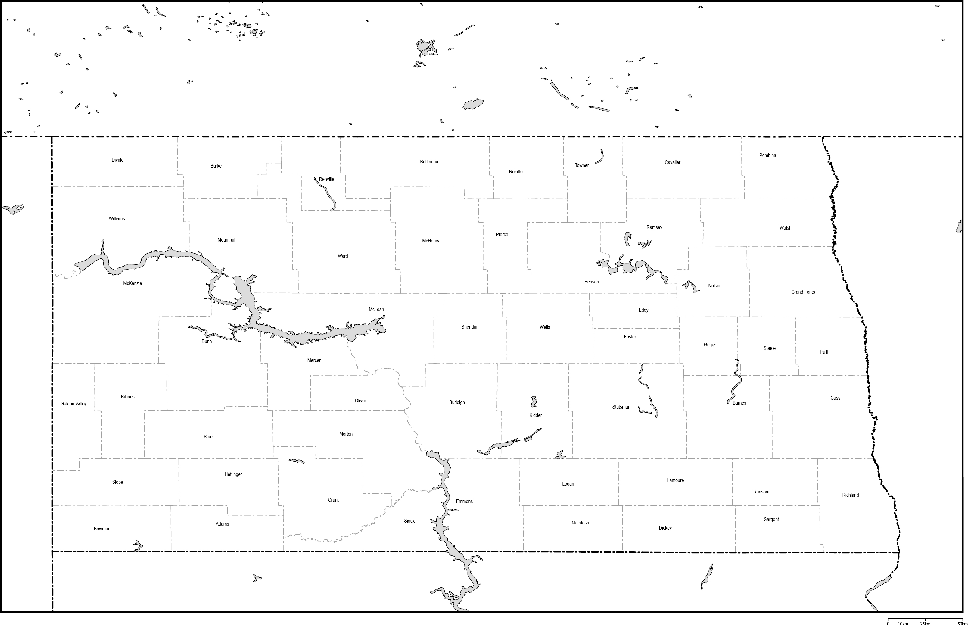 ノースダコタ州郡分け白地図郡名あり(英語)フリーデータの画像