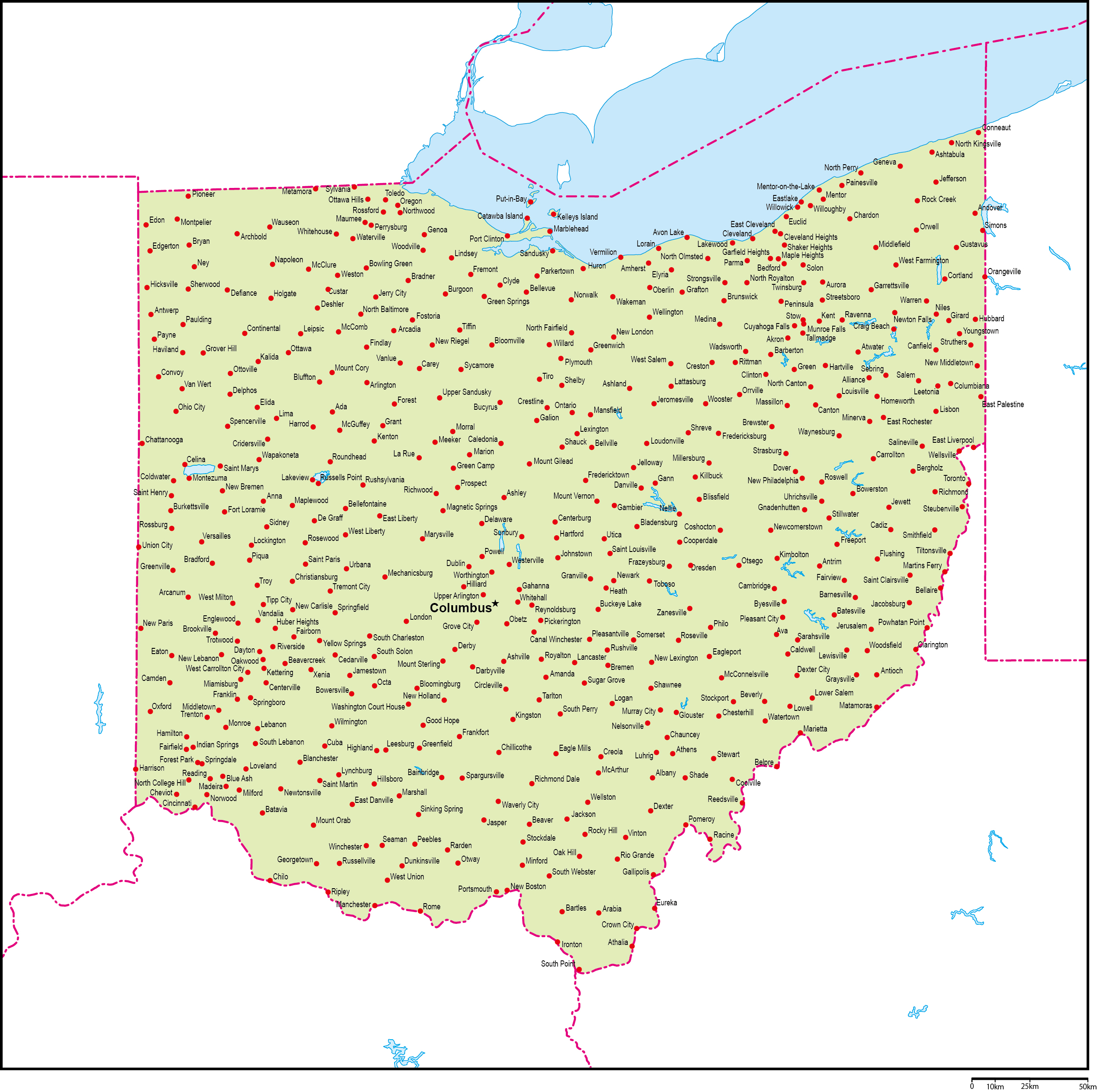 オハイオ州地図州都・主な都市あり(英語)フリーデータの画像