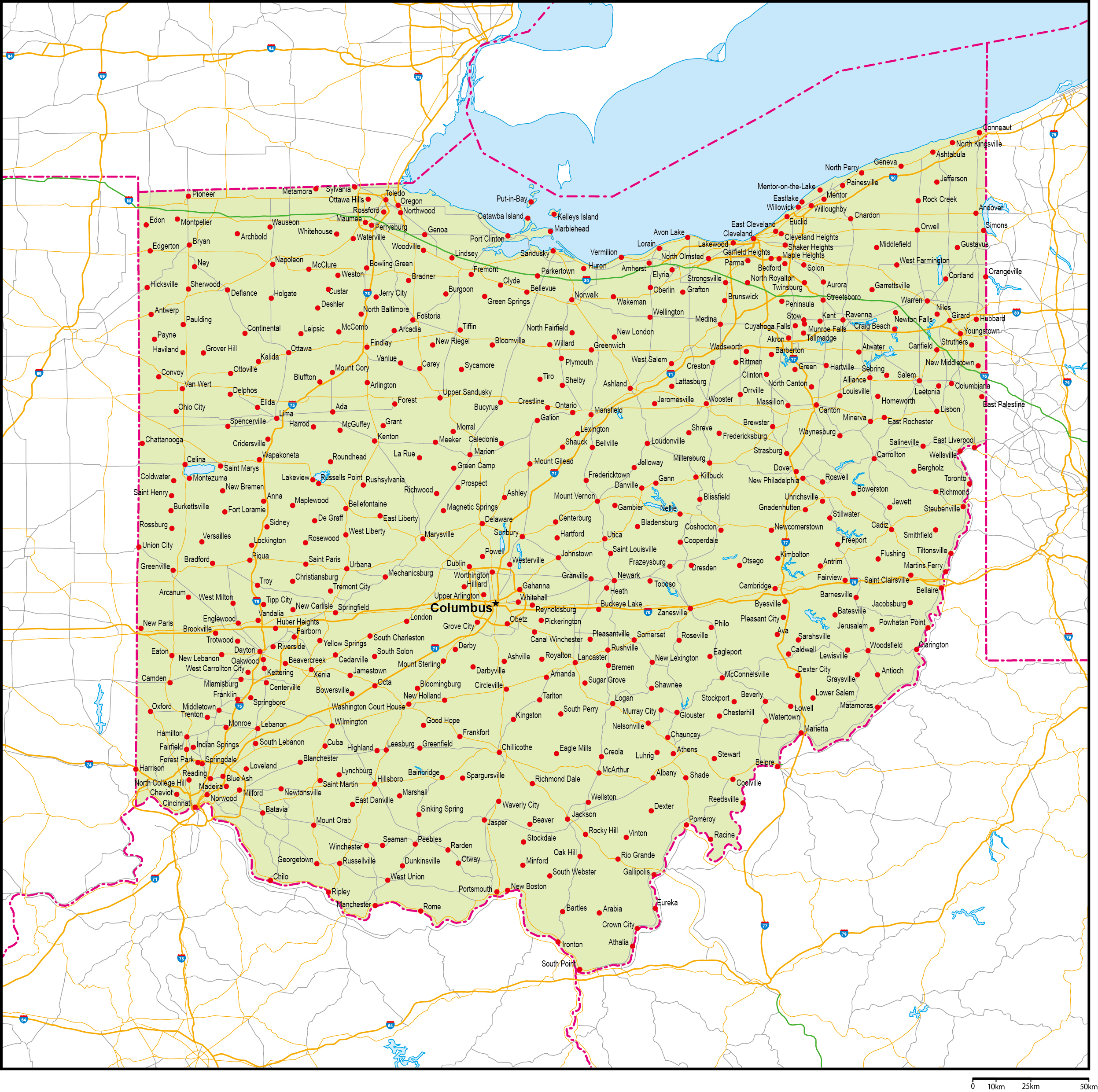 オハイオ州地図州都・主な都市・道路あり(英語)フリーデータの画像