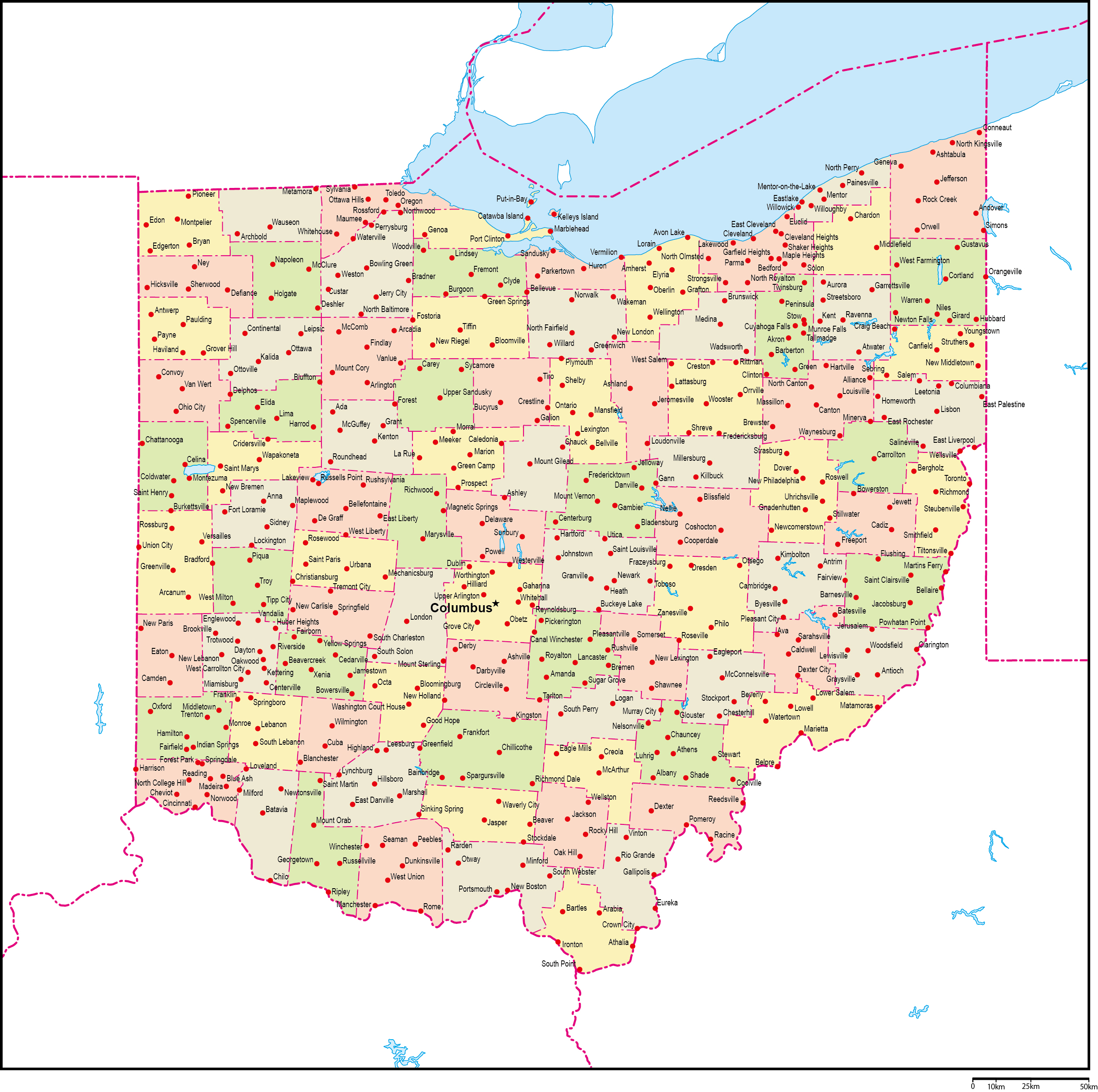 オハイオ州郡色分け地図州都・主な都市あり(英語)フリーデータの画像