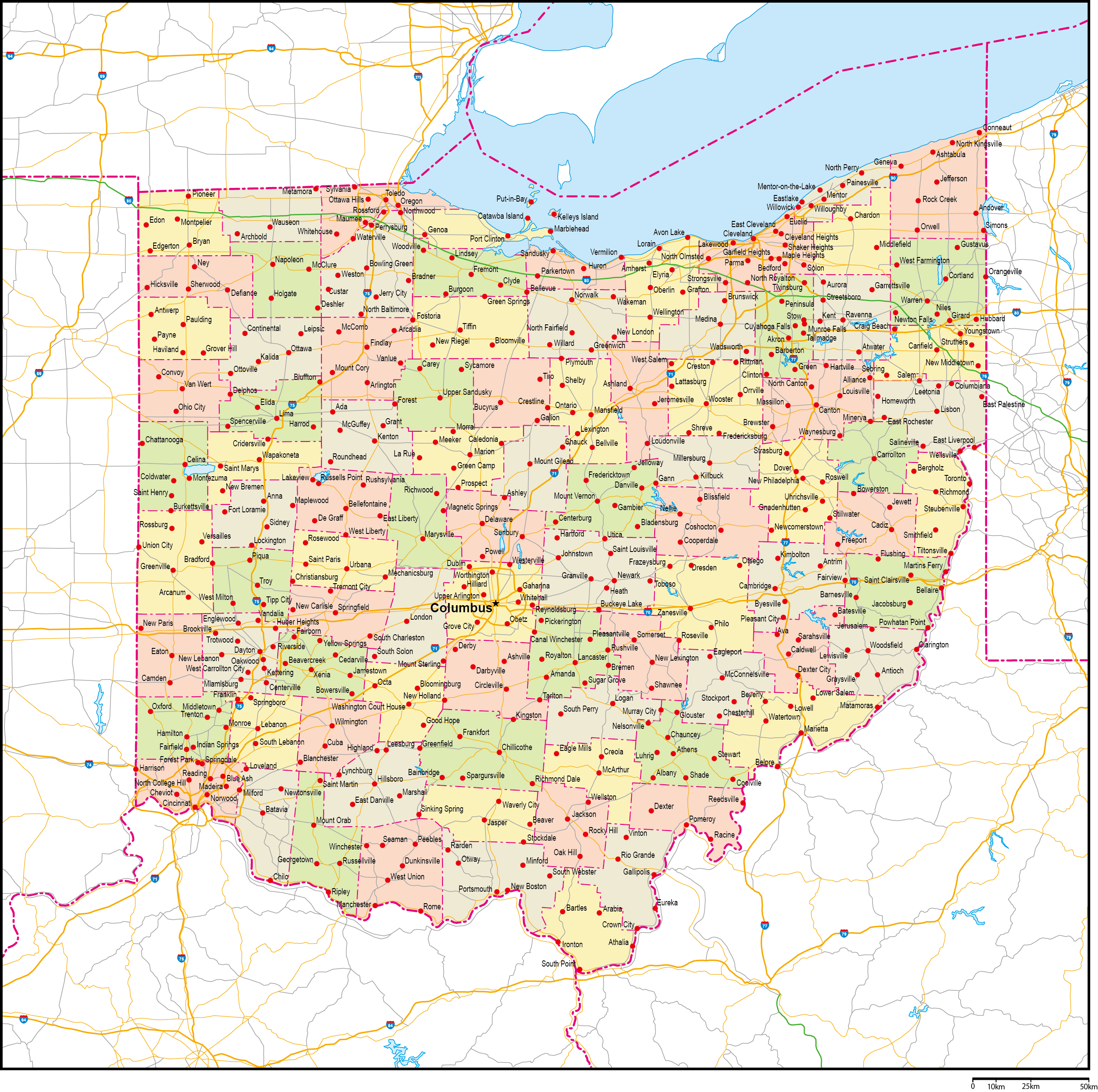 オハイオ州郡色分け地図州都・主な都市・道路あり(英語)フリーデータの画像