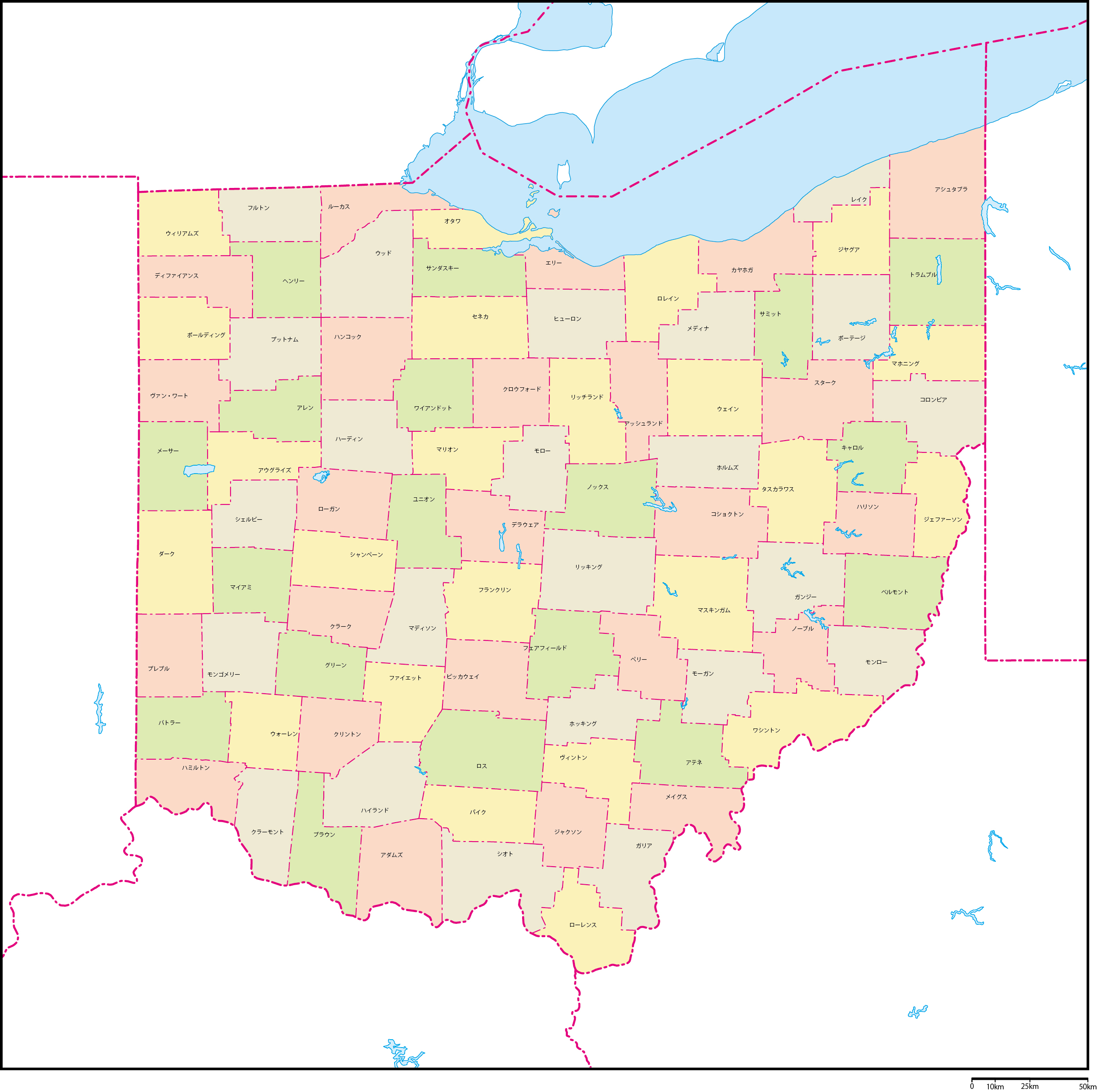 オハイオ州郡色分け地図郡名あり(日本語)フリーデータの画像