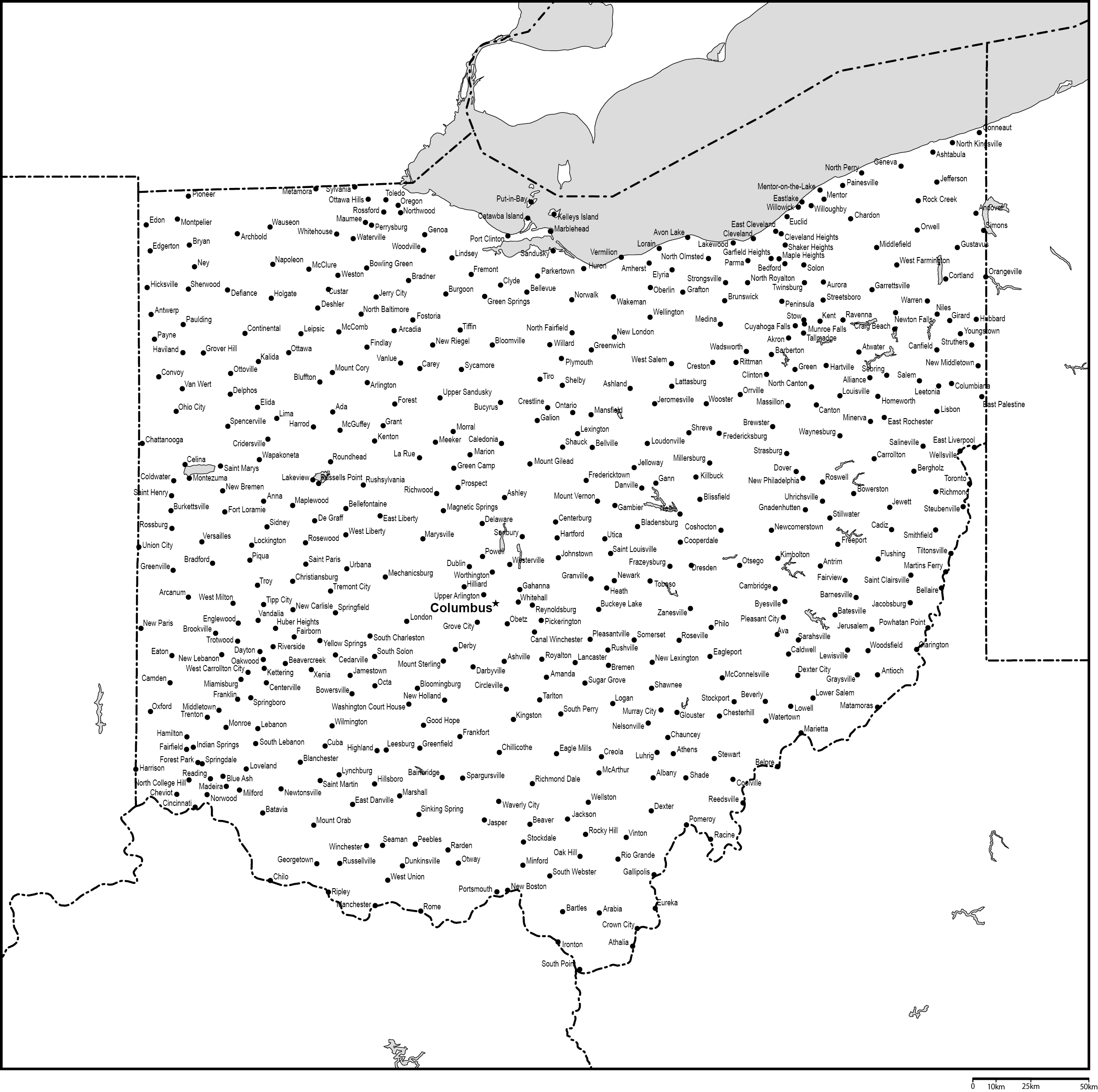 オハイオ州白地図州都・主な都市あり(英語)フリーデータの画像