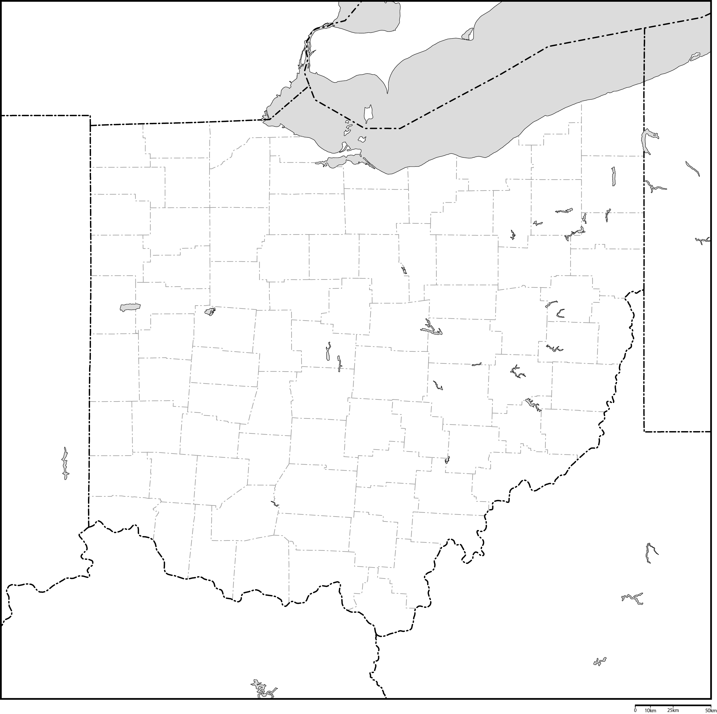 オハイオ州郡分け白地図フリーデータの画像