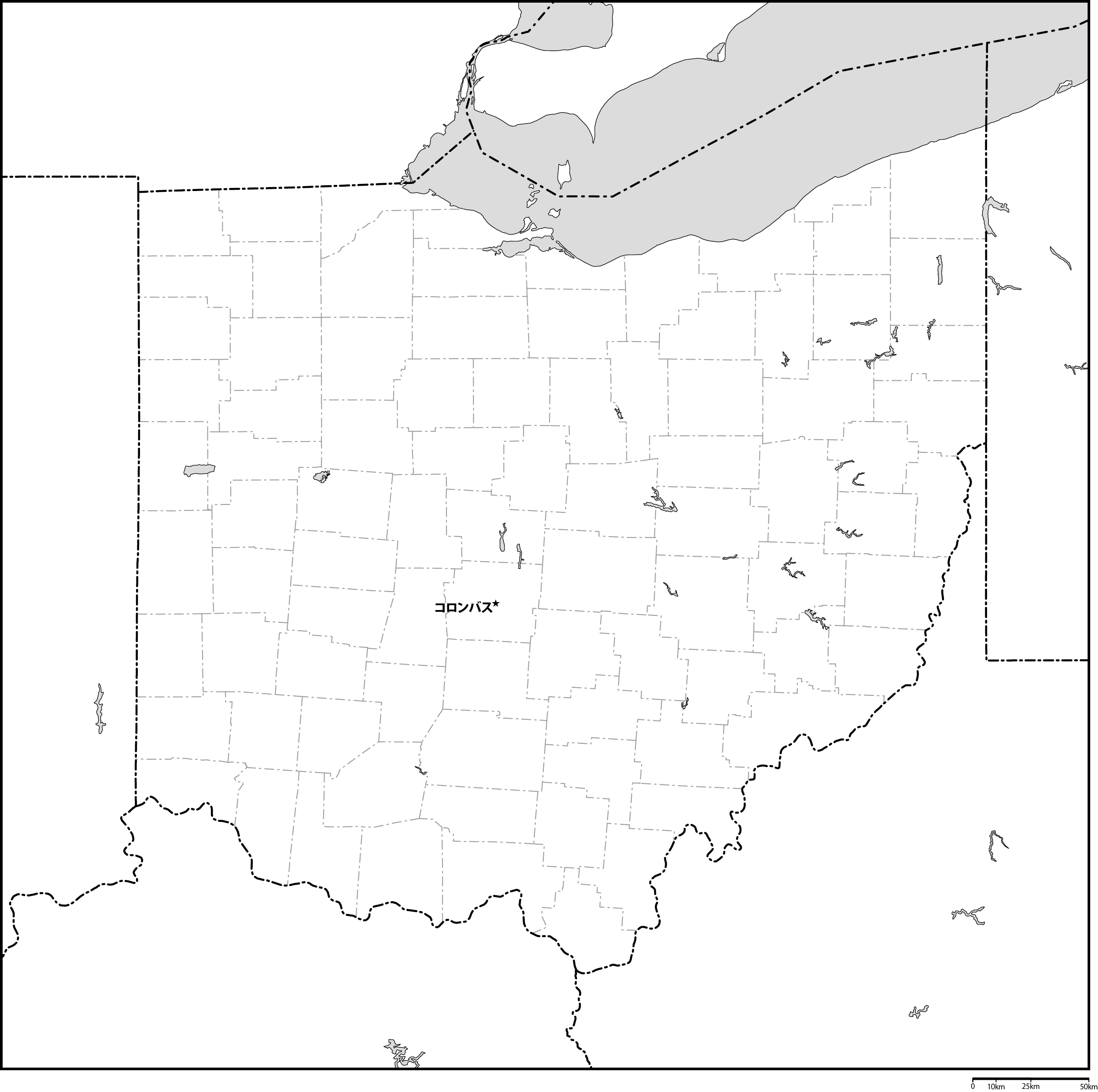 オハイオ州郡分け白地図州都あり(日本語)フリーデータの画像