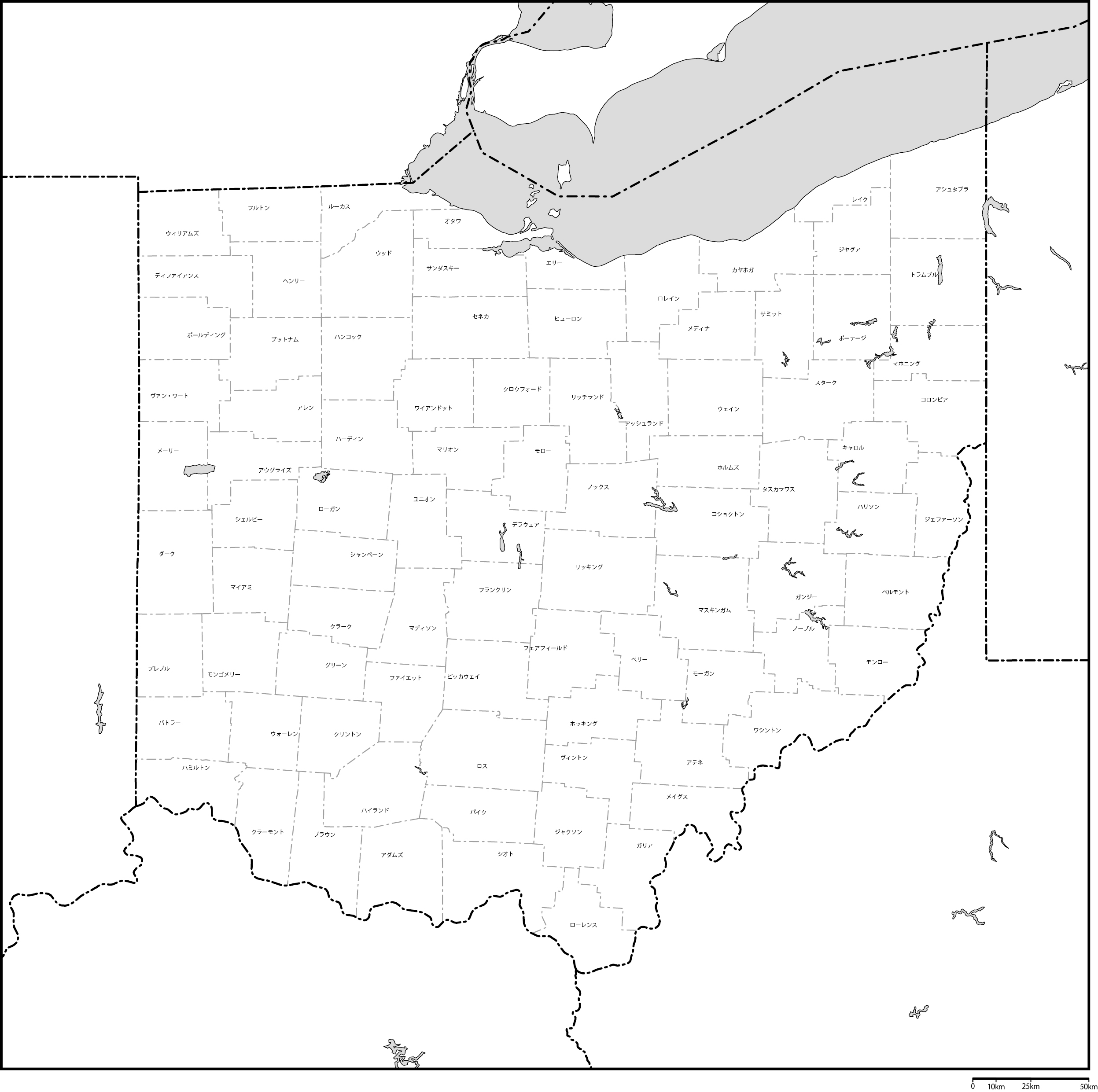 オハイオ州郡分け地図郡名あり(日本語)フリーデータの画像
