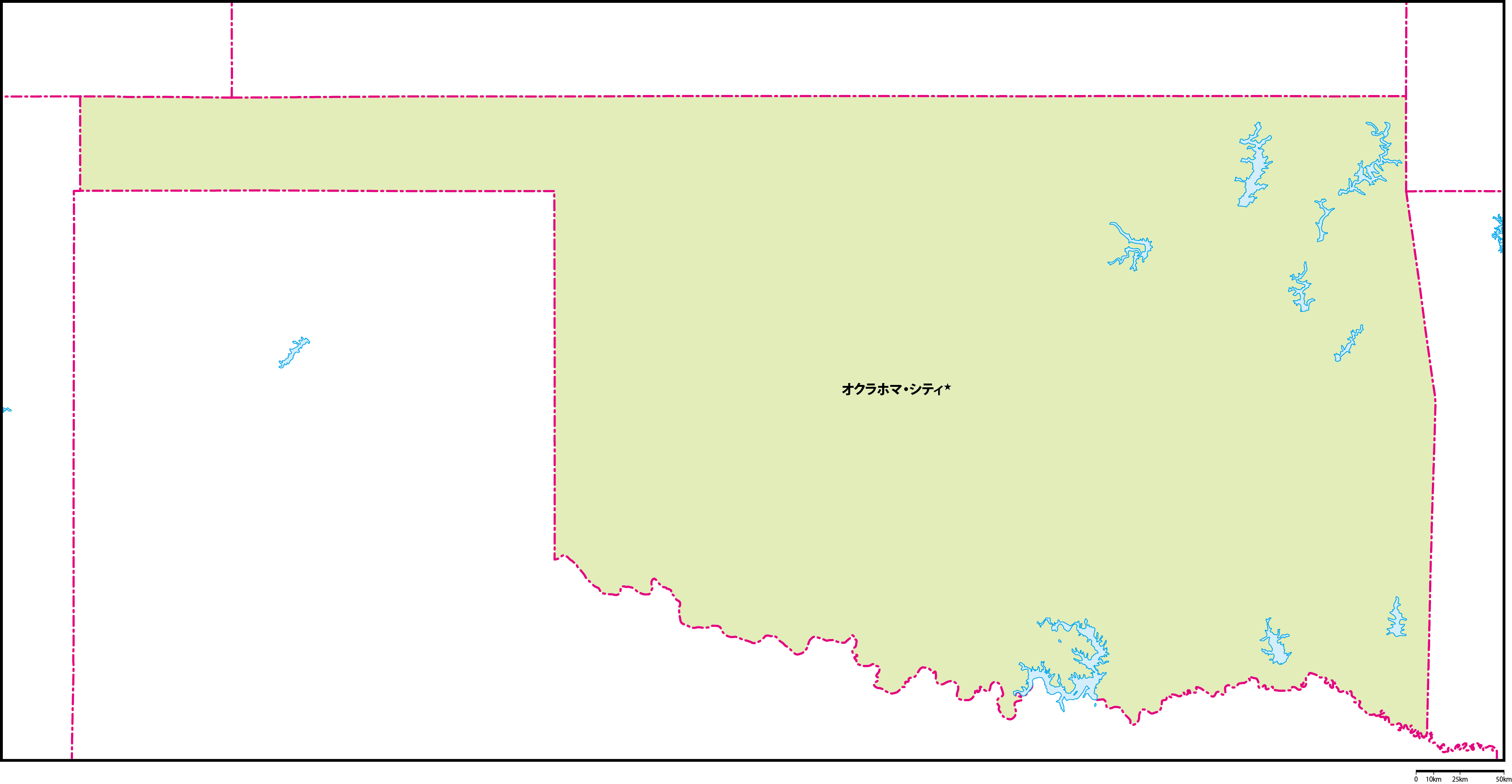 オクラホマ州地図州都あり(日本語)フリーデータの画像