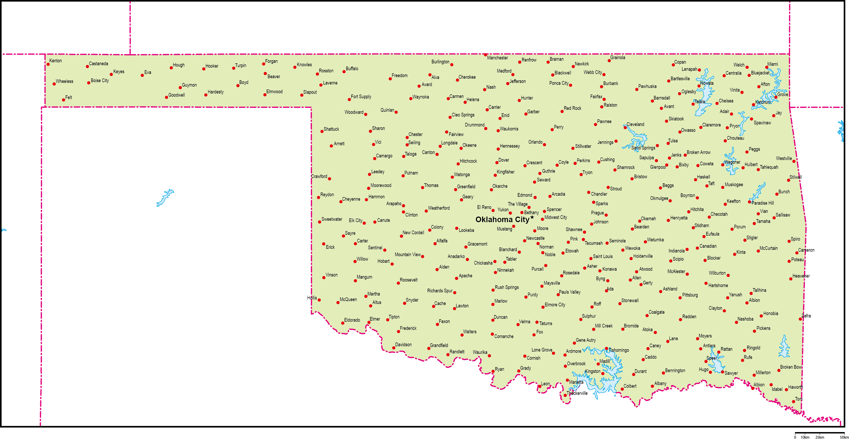 オクラホマ州地図州都・主な都市あり(英語)フリーデータの画像