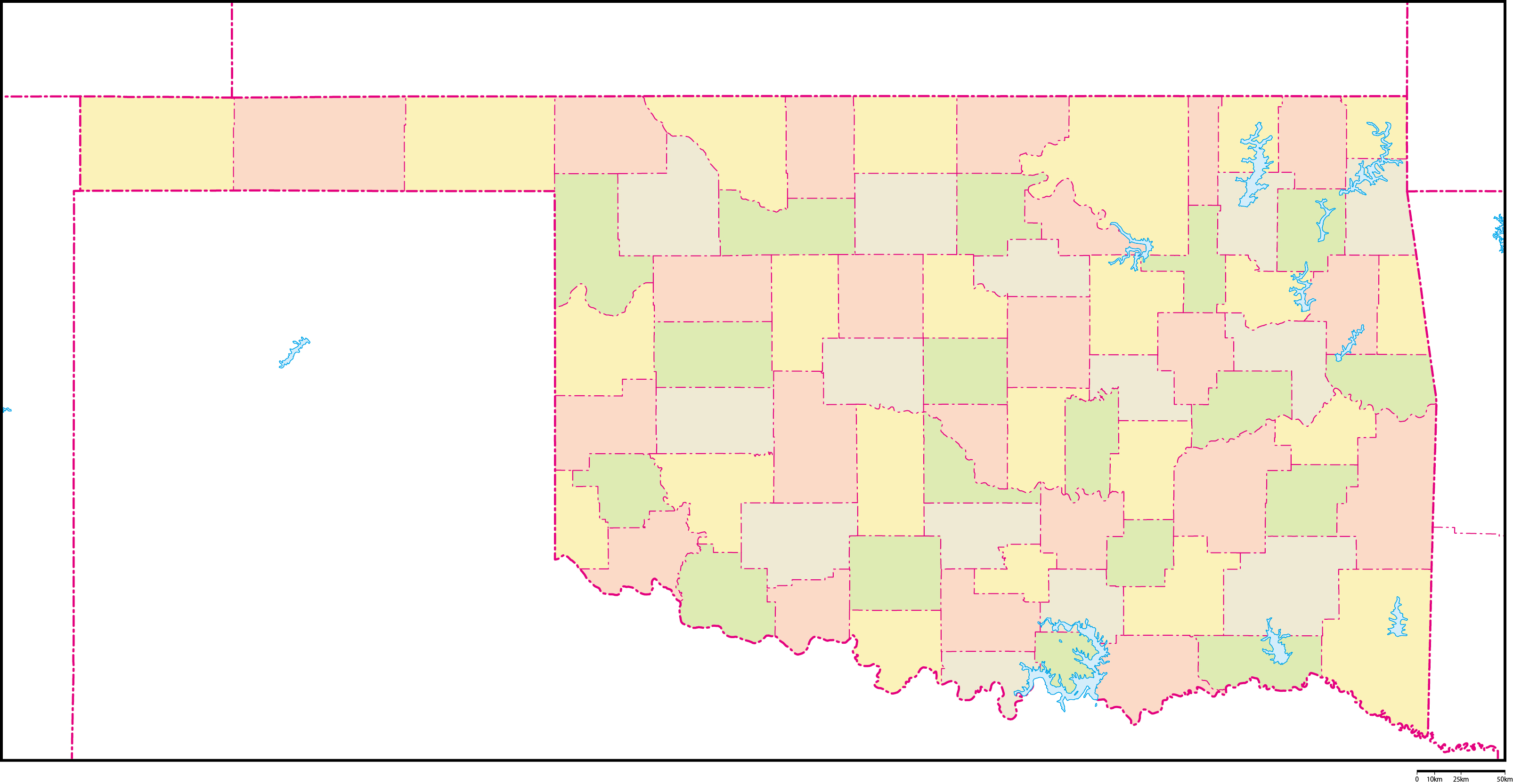 オクラホマ州郡色分け地図フリーデータの画像