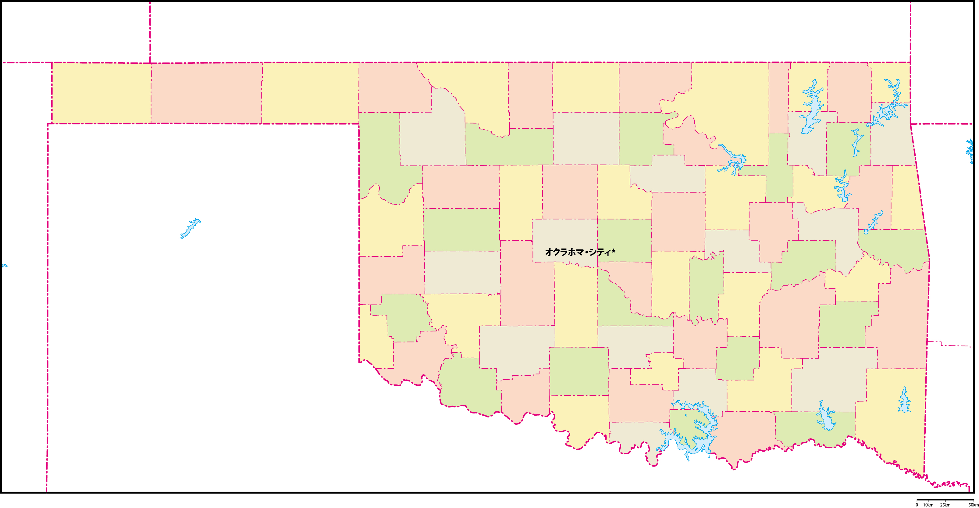 オクラホマ州郡色分け地図州都あり(日本語)フリーデータの画像