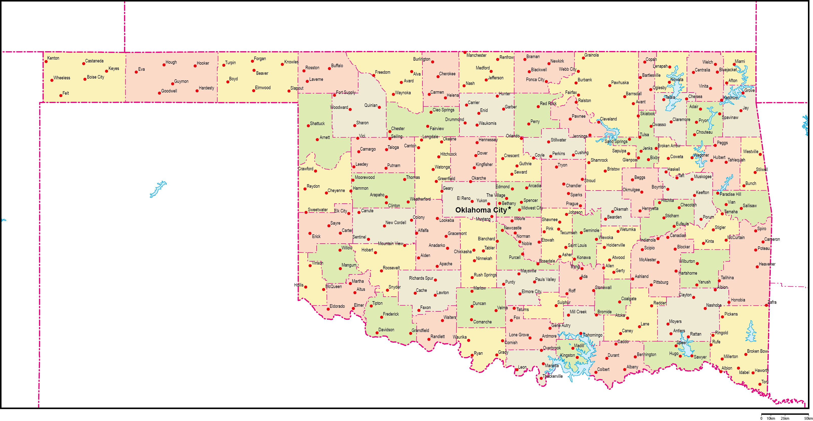 オクラホマ州郡色分け地図州都・主な都市あり(英語)フリーデータの画像