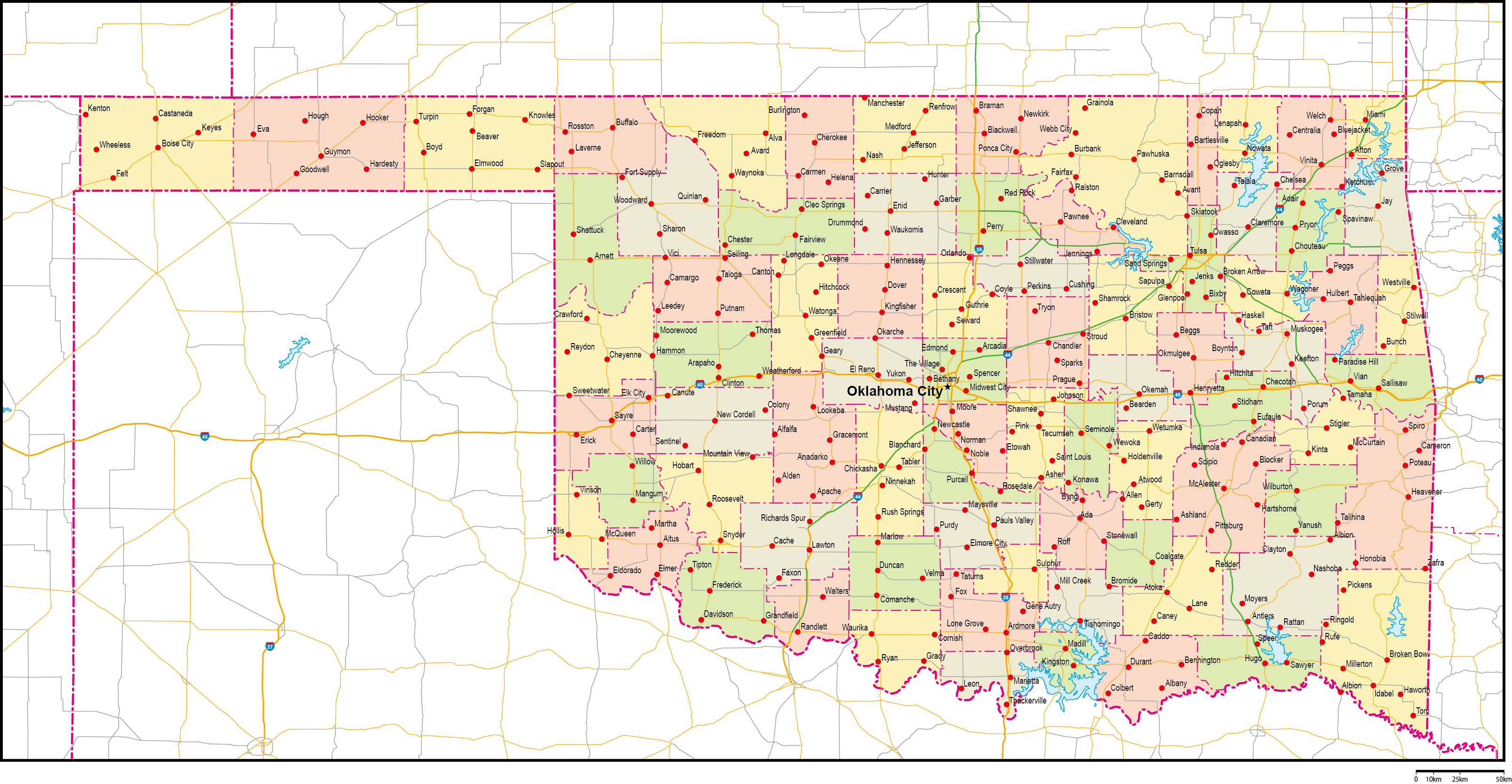 オクラホマ州郡色分け地図州都・主な都市・道路あり(英語)フリーデータの画像