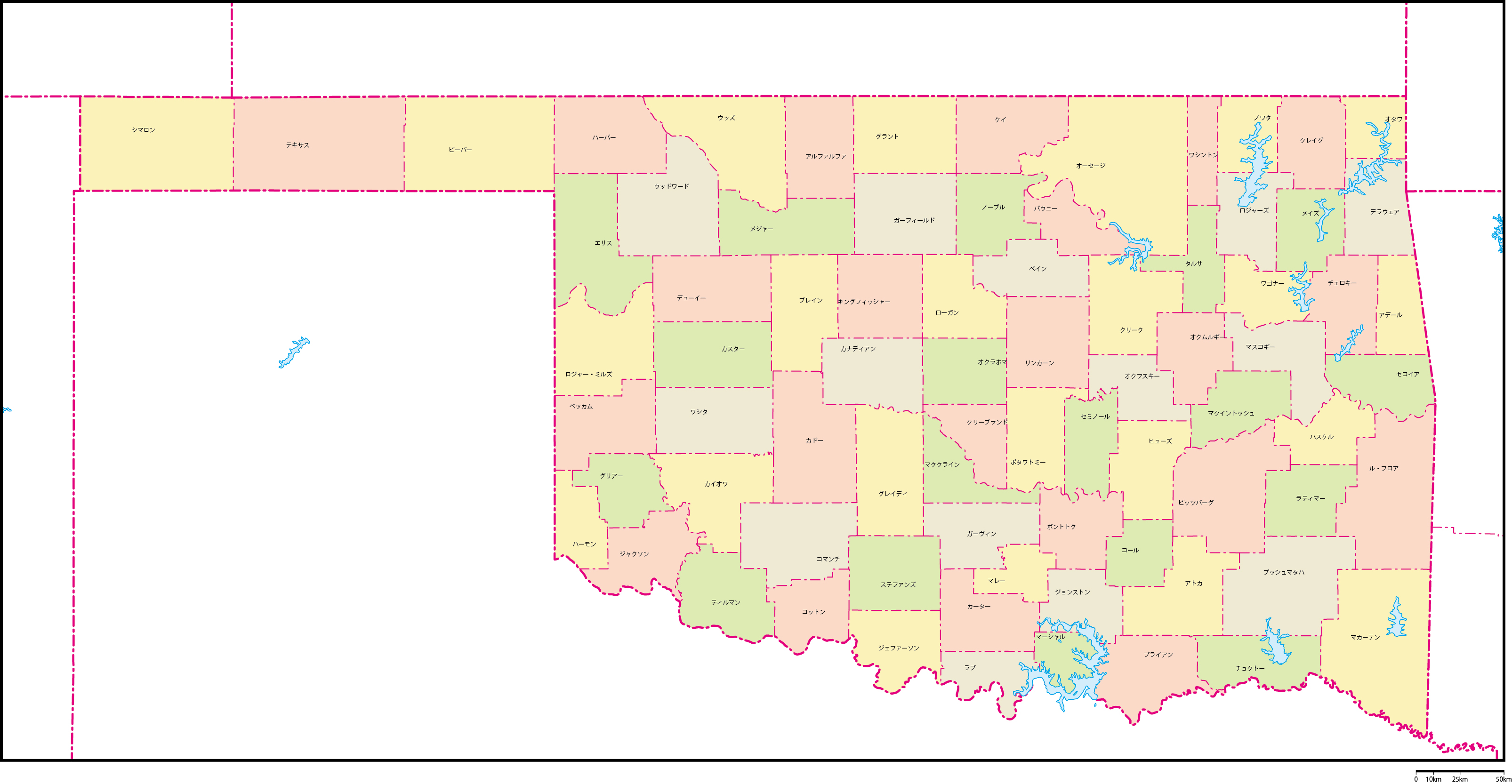 オクラホマ州郡色分け地図郡名あり(日本語)フリーデータの画像