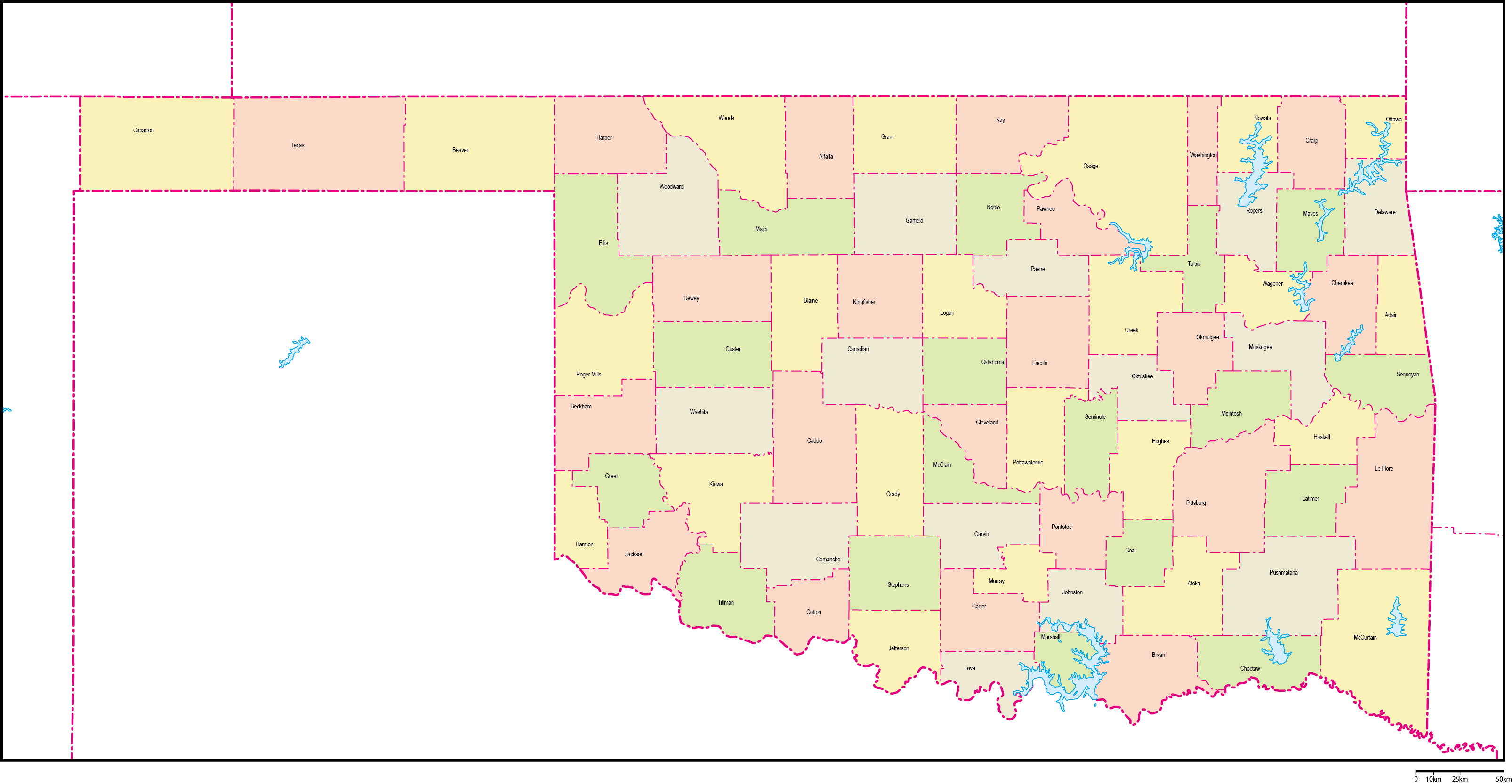 オクラホマ州郡色分け地図郡名あり(英語)フリーデータの画像