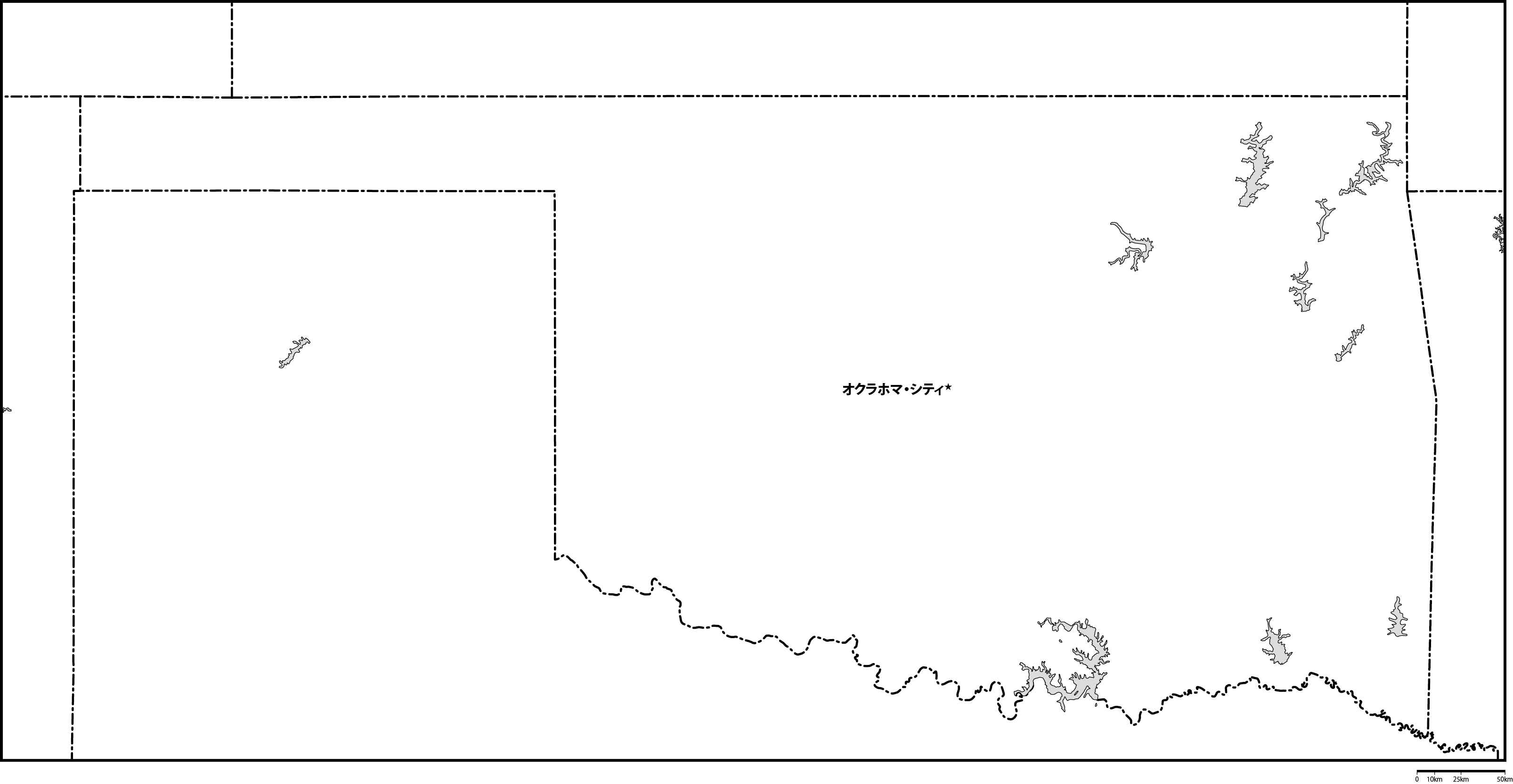 オクラホマ州白地図州都あり(日本語)フリーデータの画像