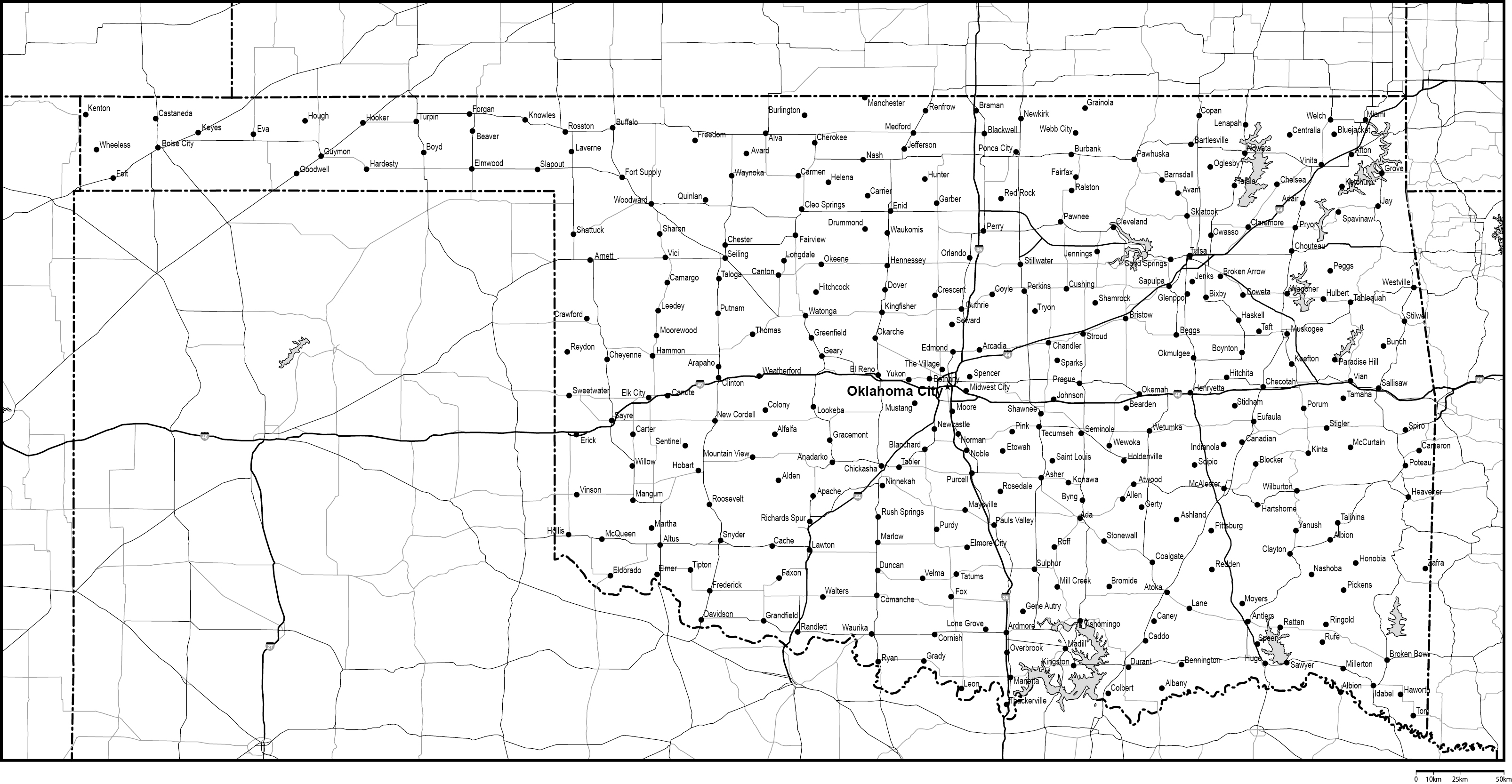 オクラホマ州白地図州都・主な都市・道路あり(英語)フリーデータの画像